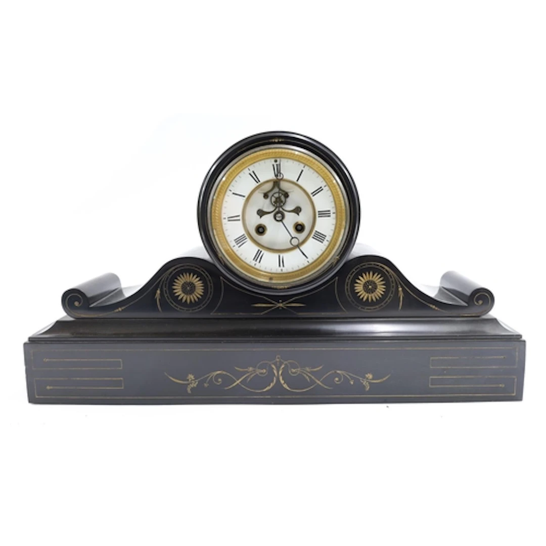 Late 19th century black slate drumhead mantel clock, the 5.2...