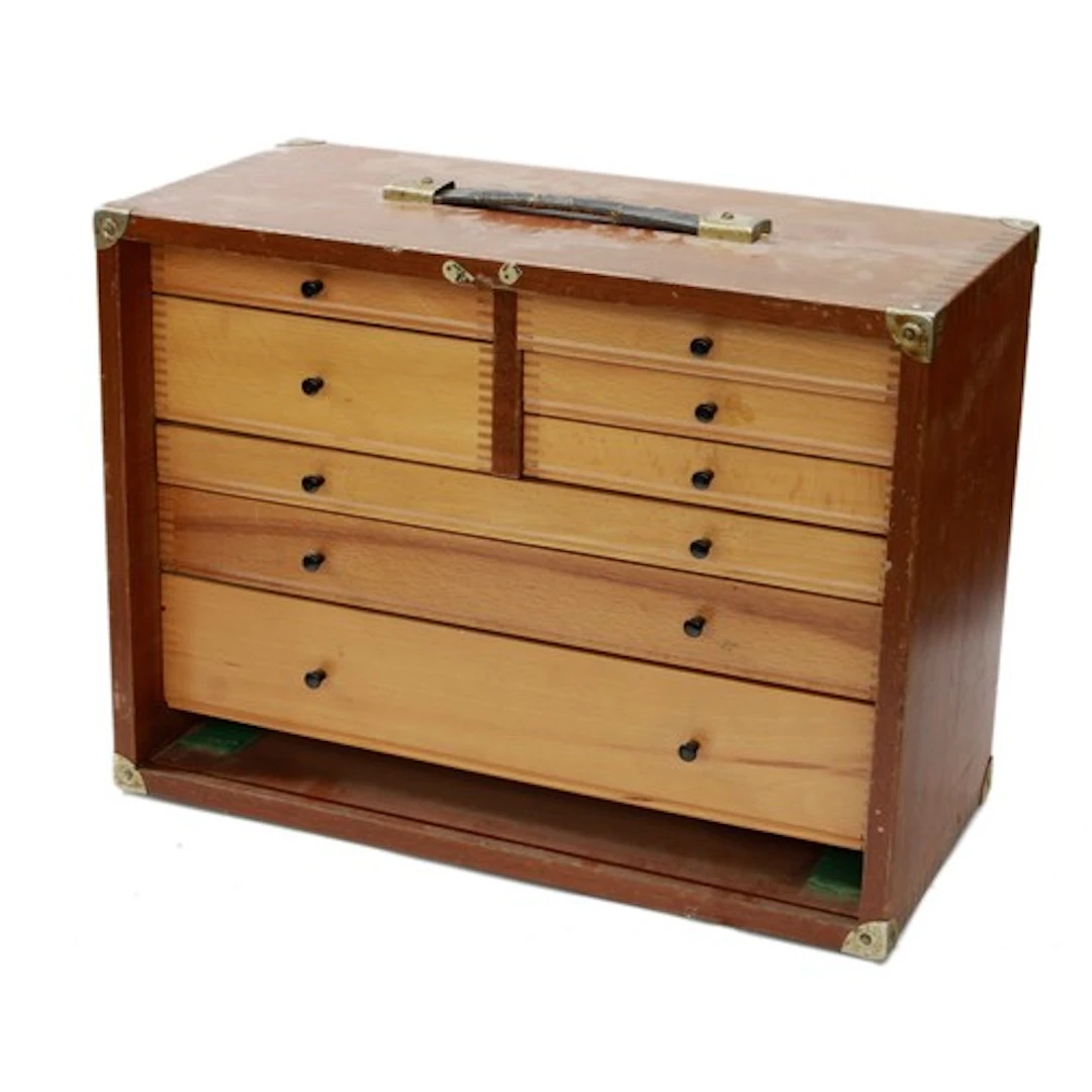 Wooden watchmakers tool chest with eight wooden drawers cont...