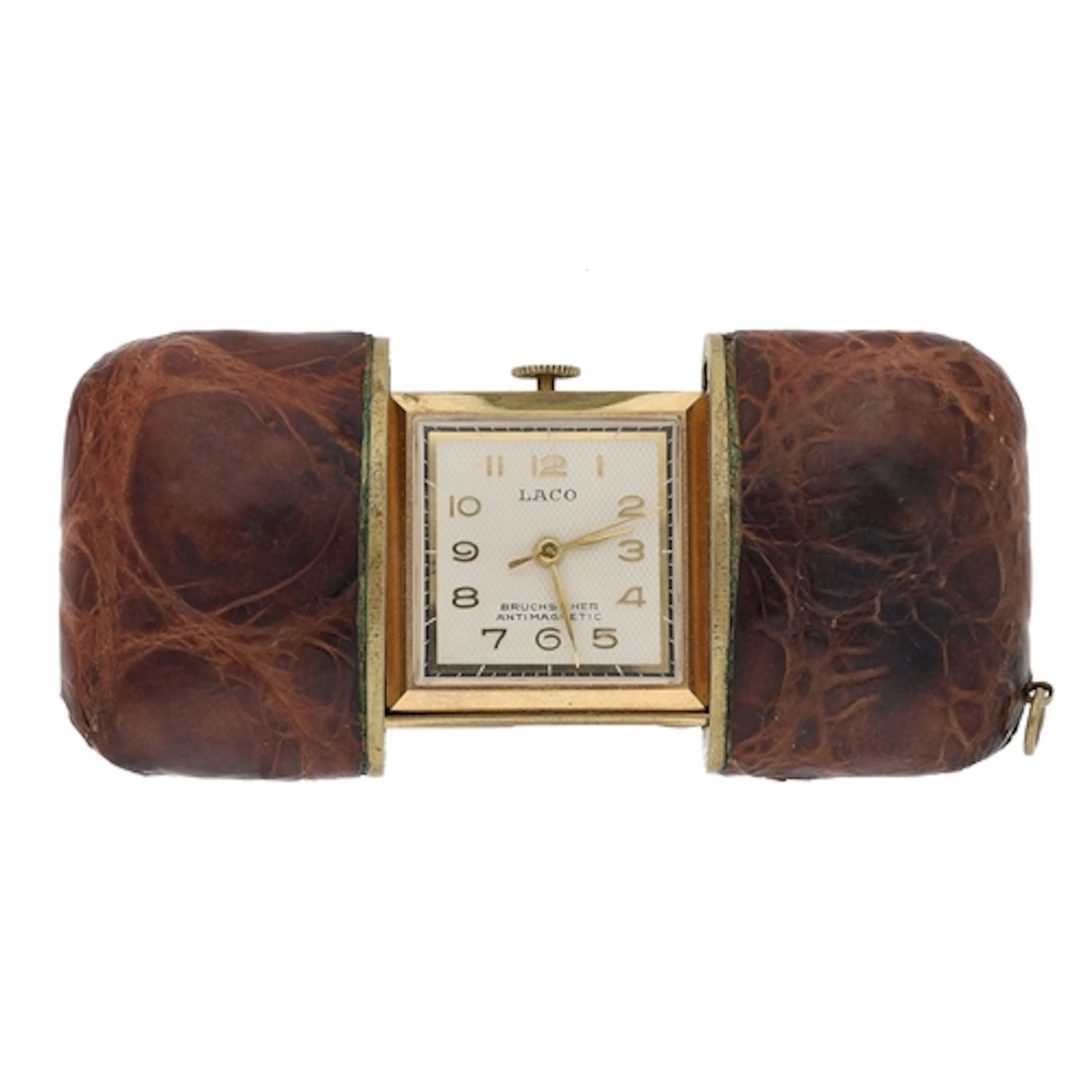 Laco leather bound purse watch, square silvered dial with ap...