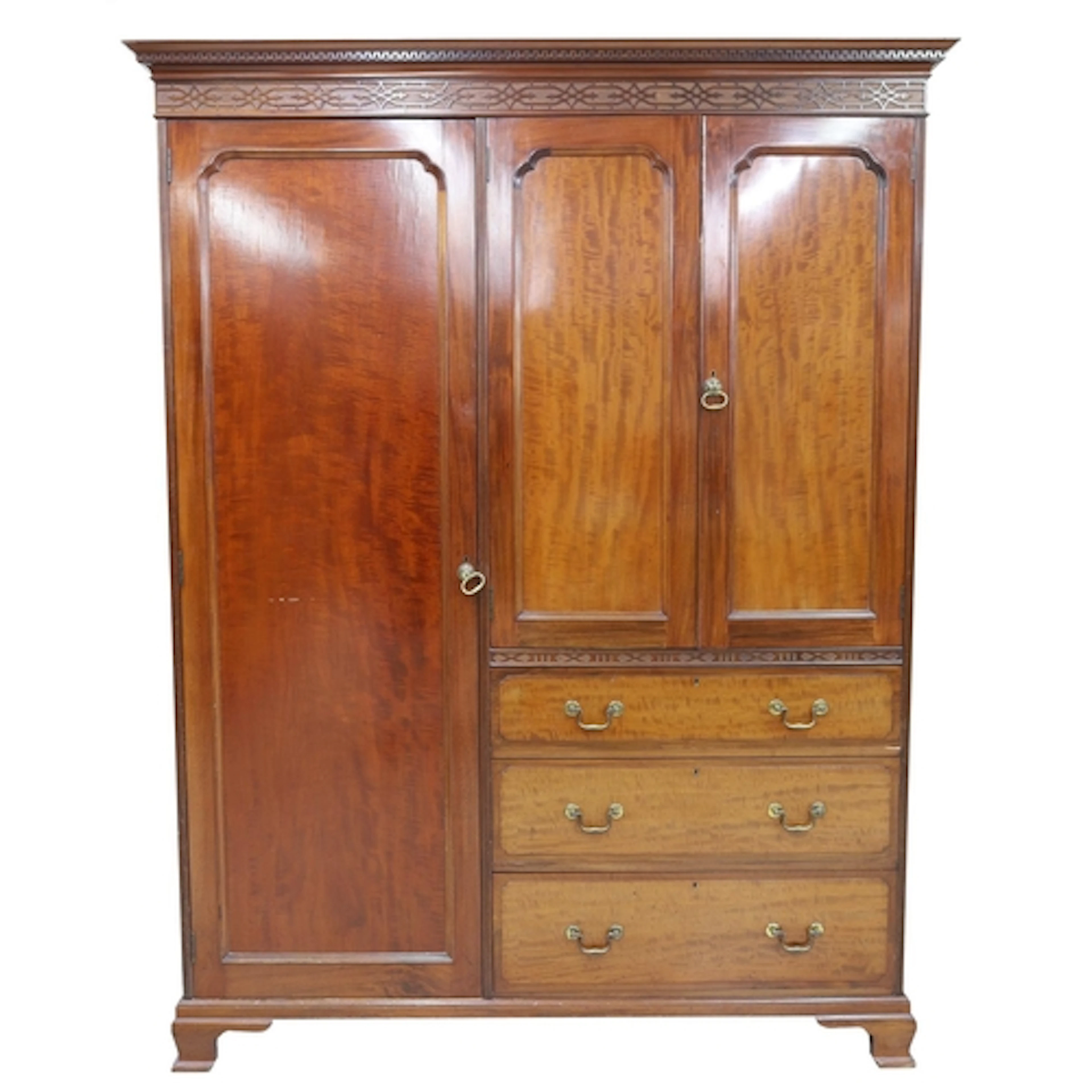 Edwardian mahogany wardrobe, the dentil moulded cornice with...