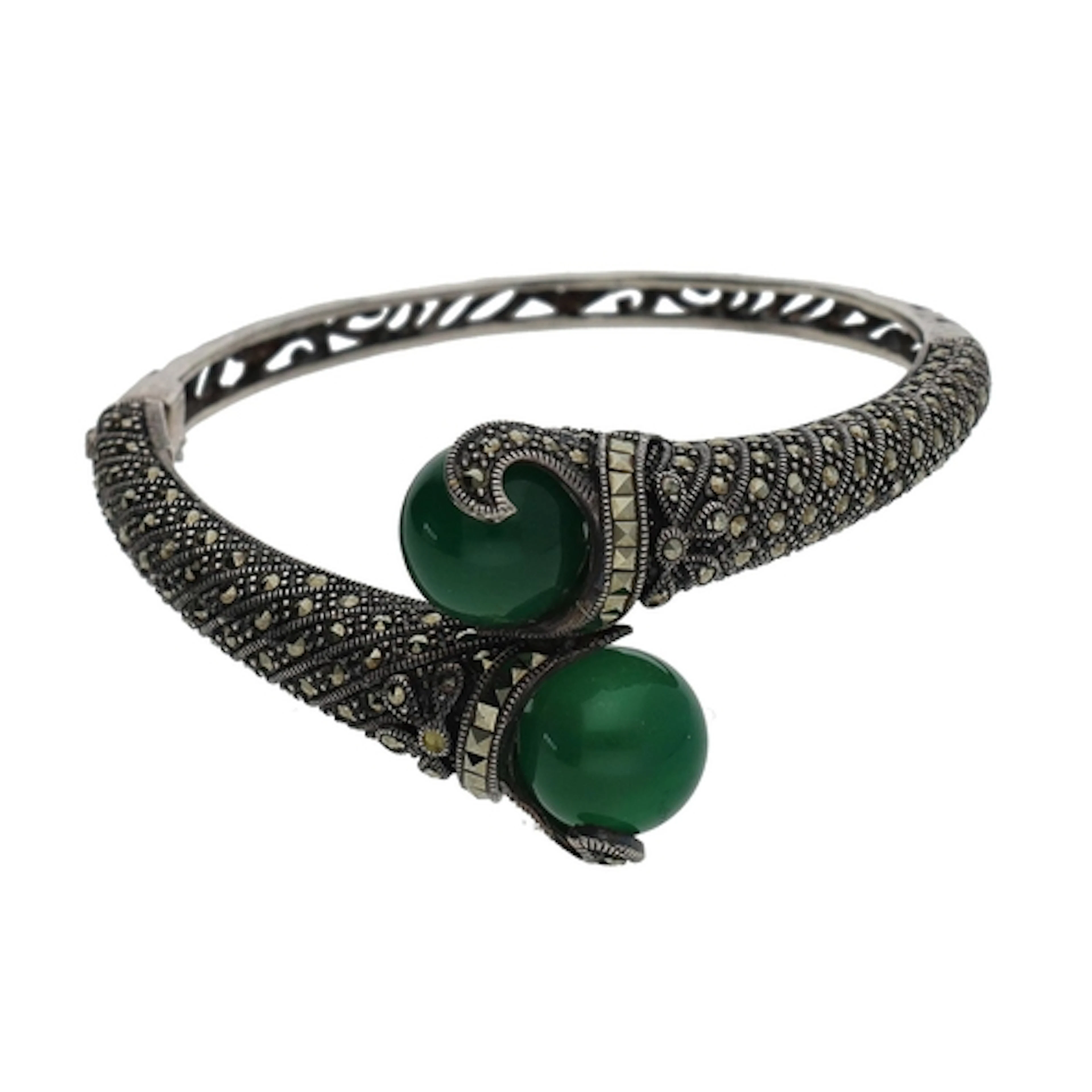 Fancy white metal marcasite and green stone set hinged bangl...