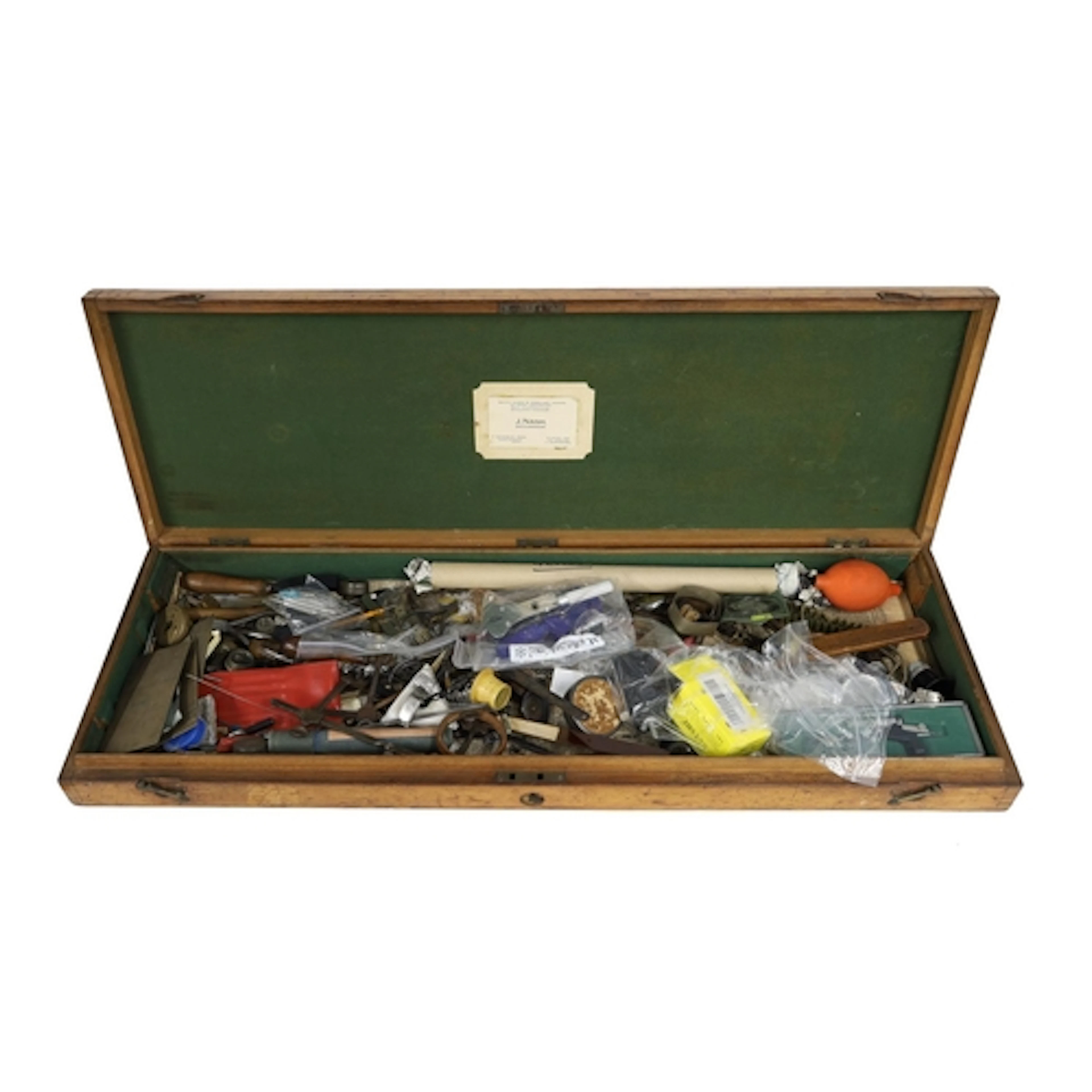 Antique wooden hinged gun case, containing a quantity of mis...