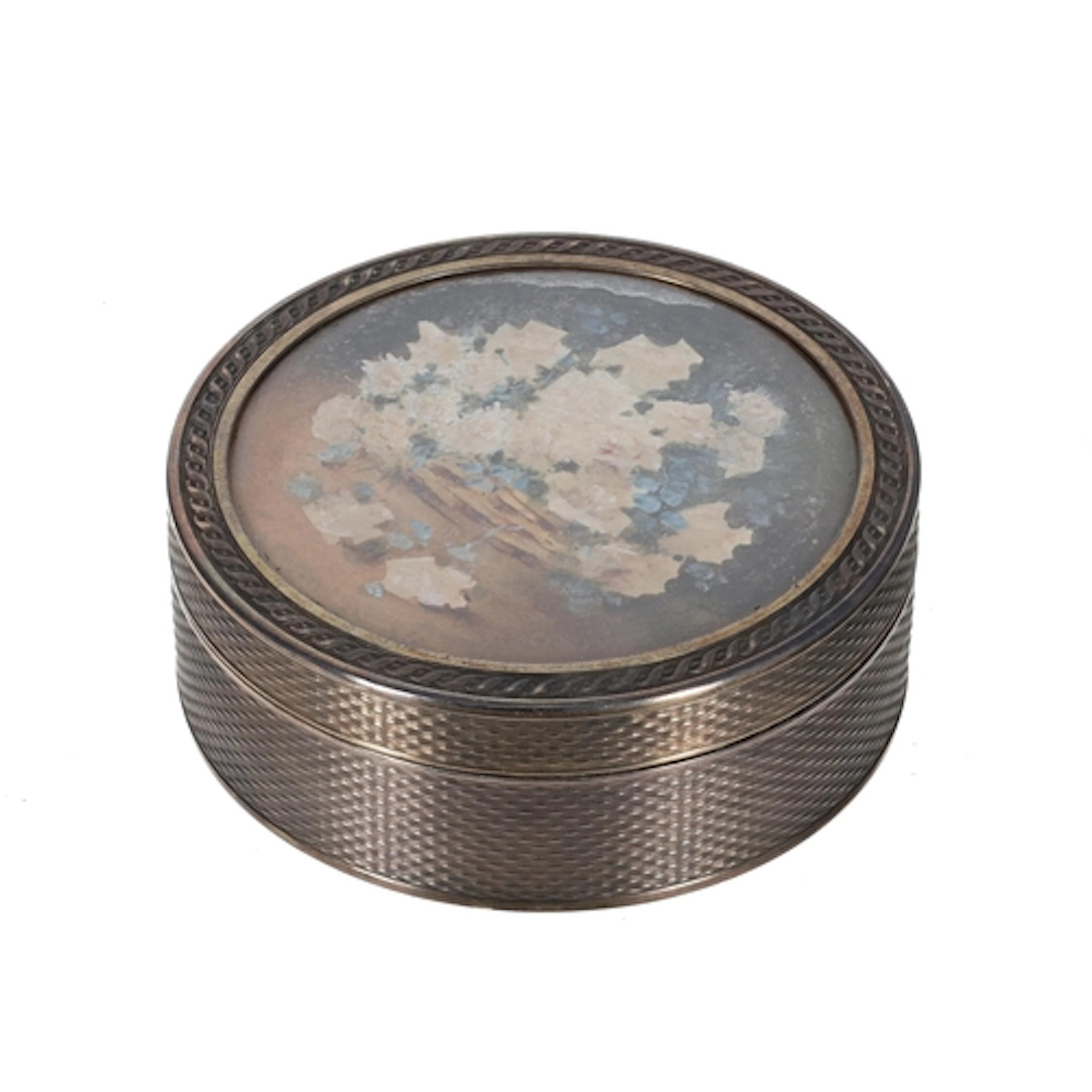 Good quality engine turned silver circular box and cover, th...