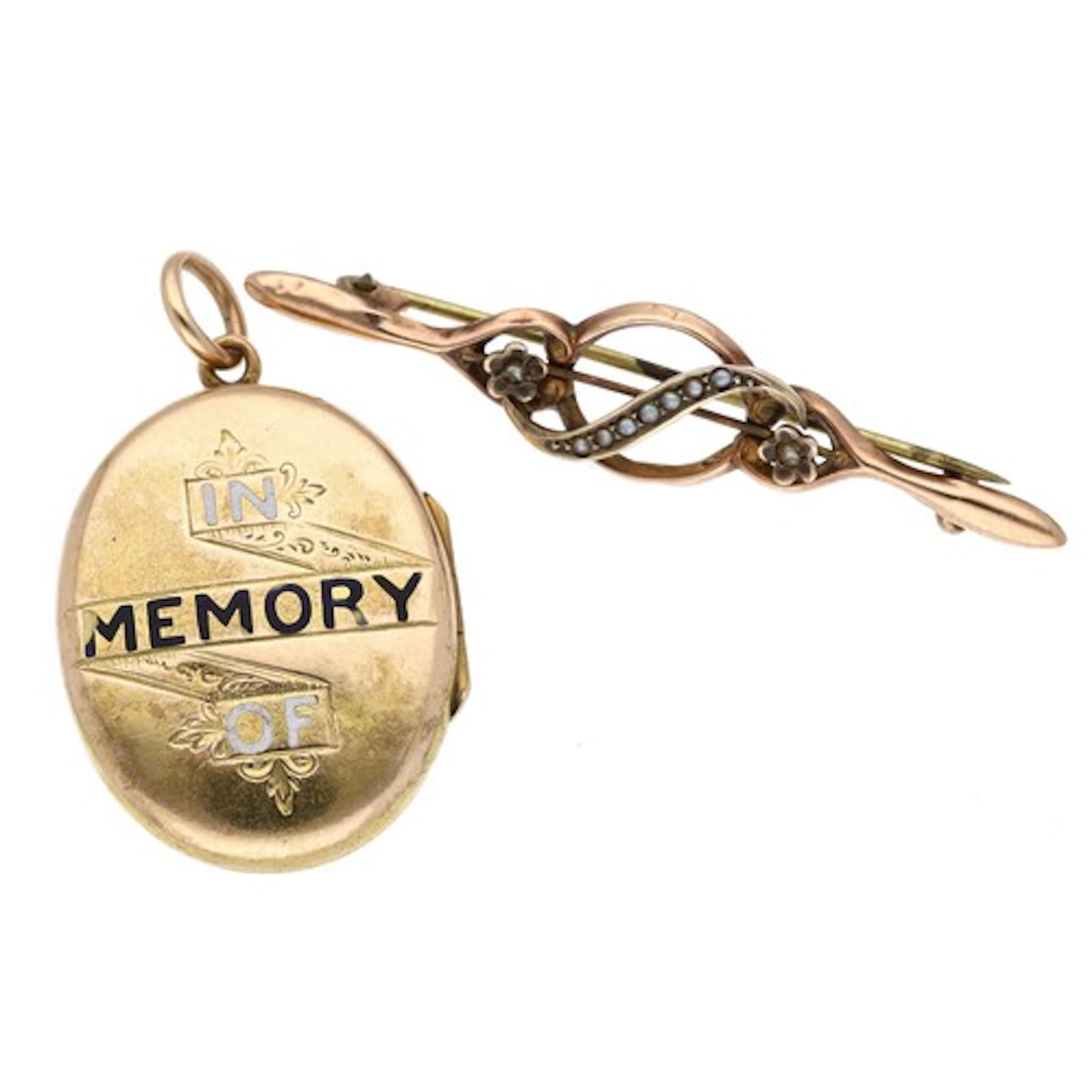 Victorian 'In Memory of' oval enamelled yellow metal mournin...