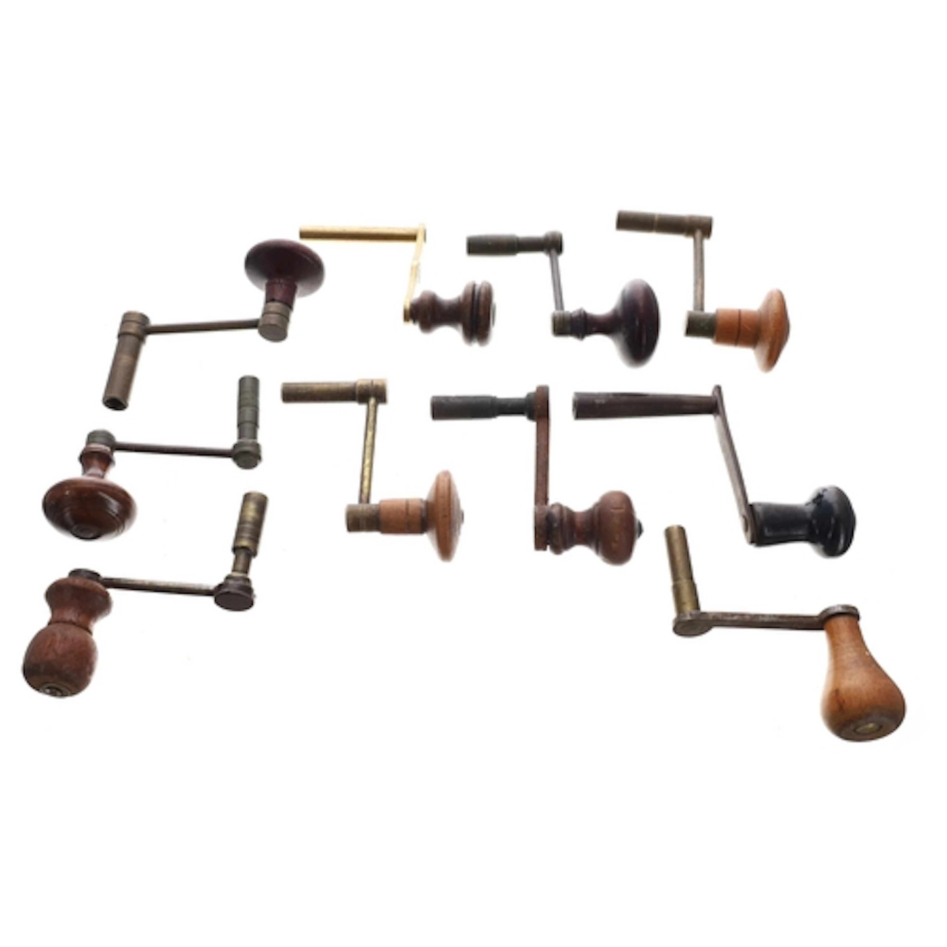 Group of ten longcase clock crank winding keys, with turned ...