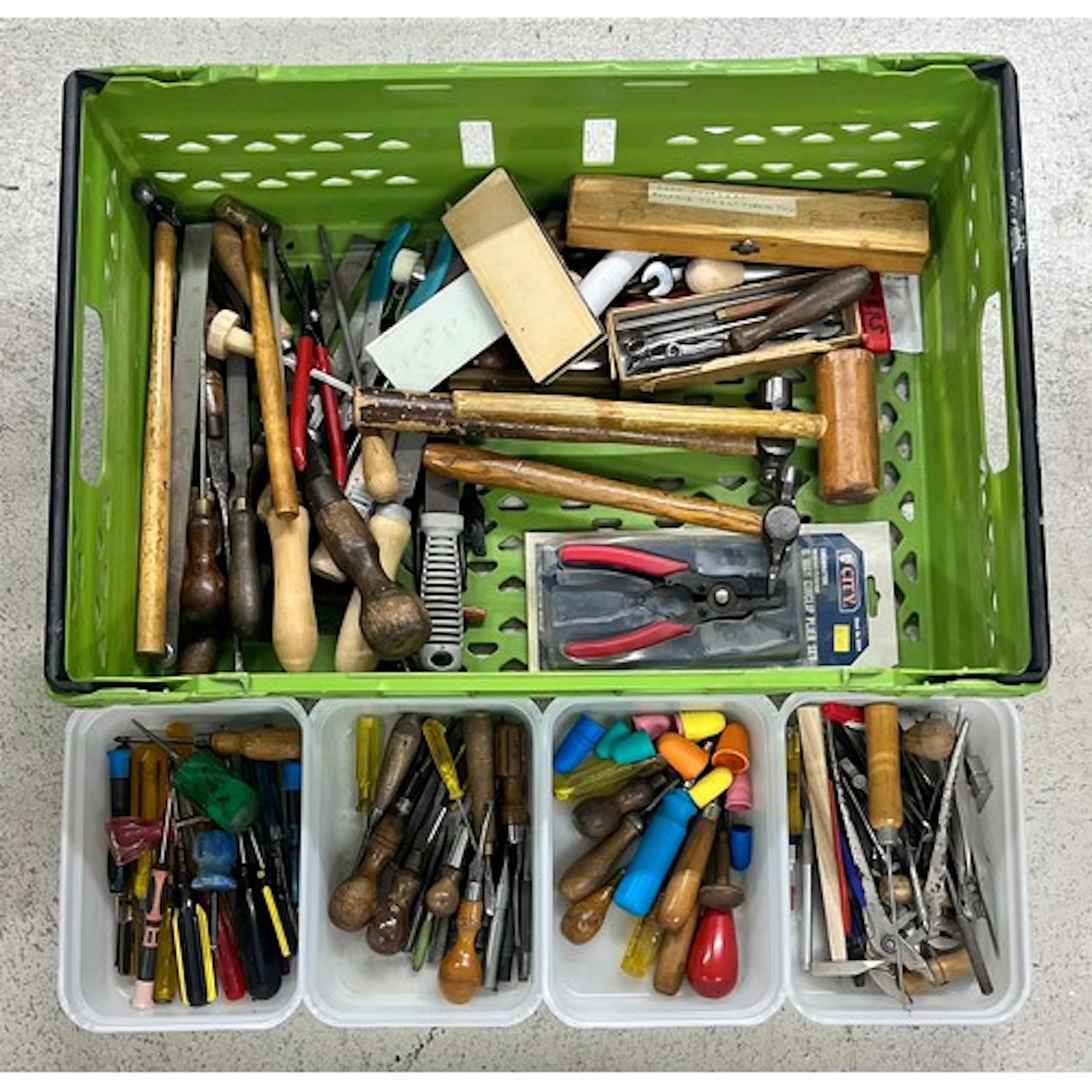 Quantity of assorted tools to include hammers, screwdrivers,...