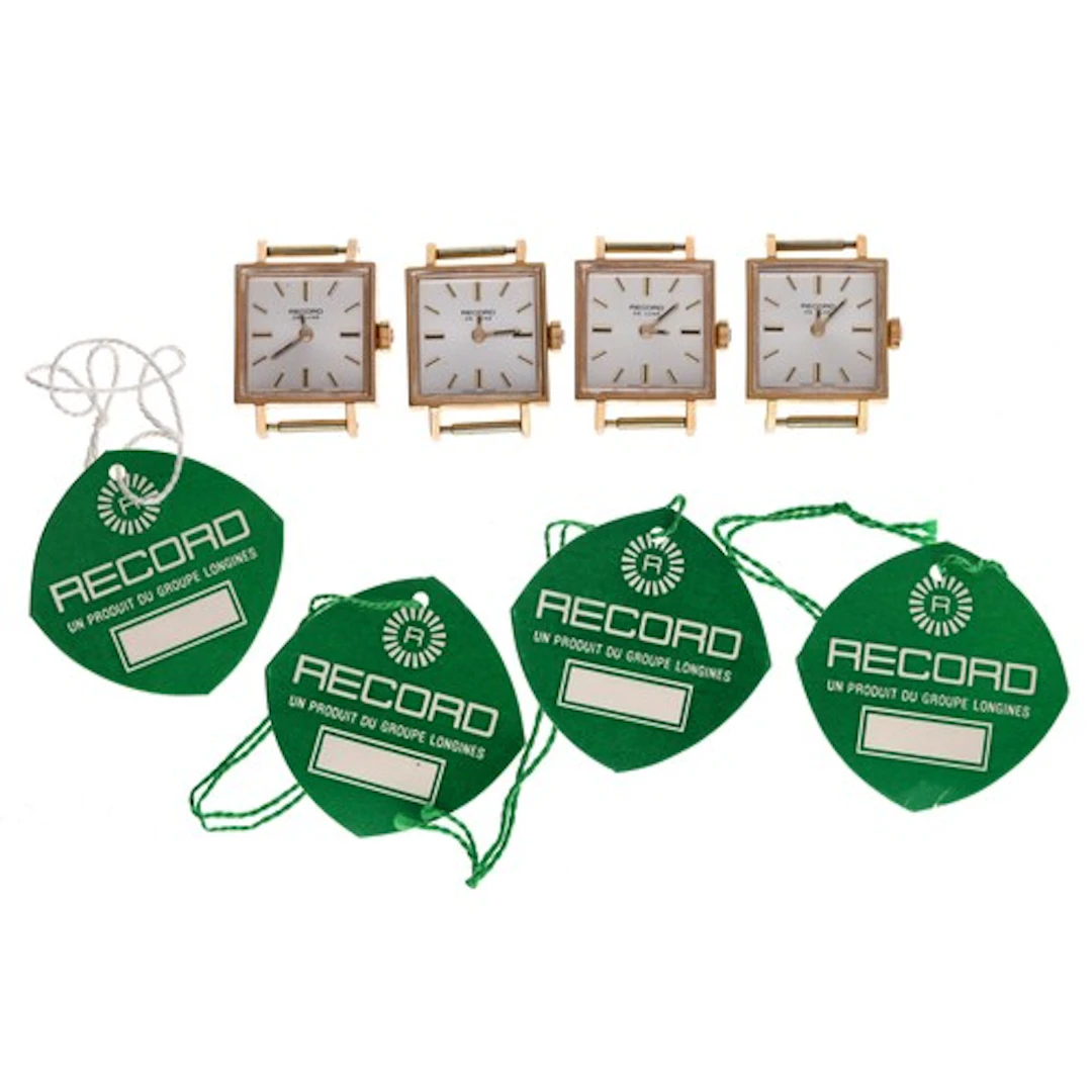 Four Record De Luxe square cased gold plated and stainless s...