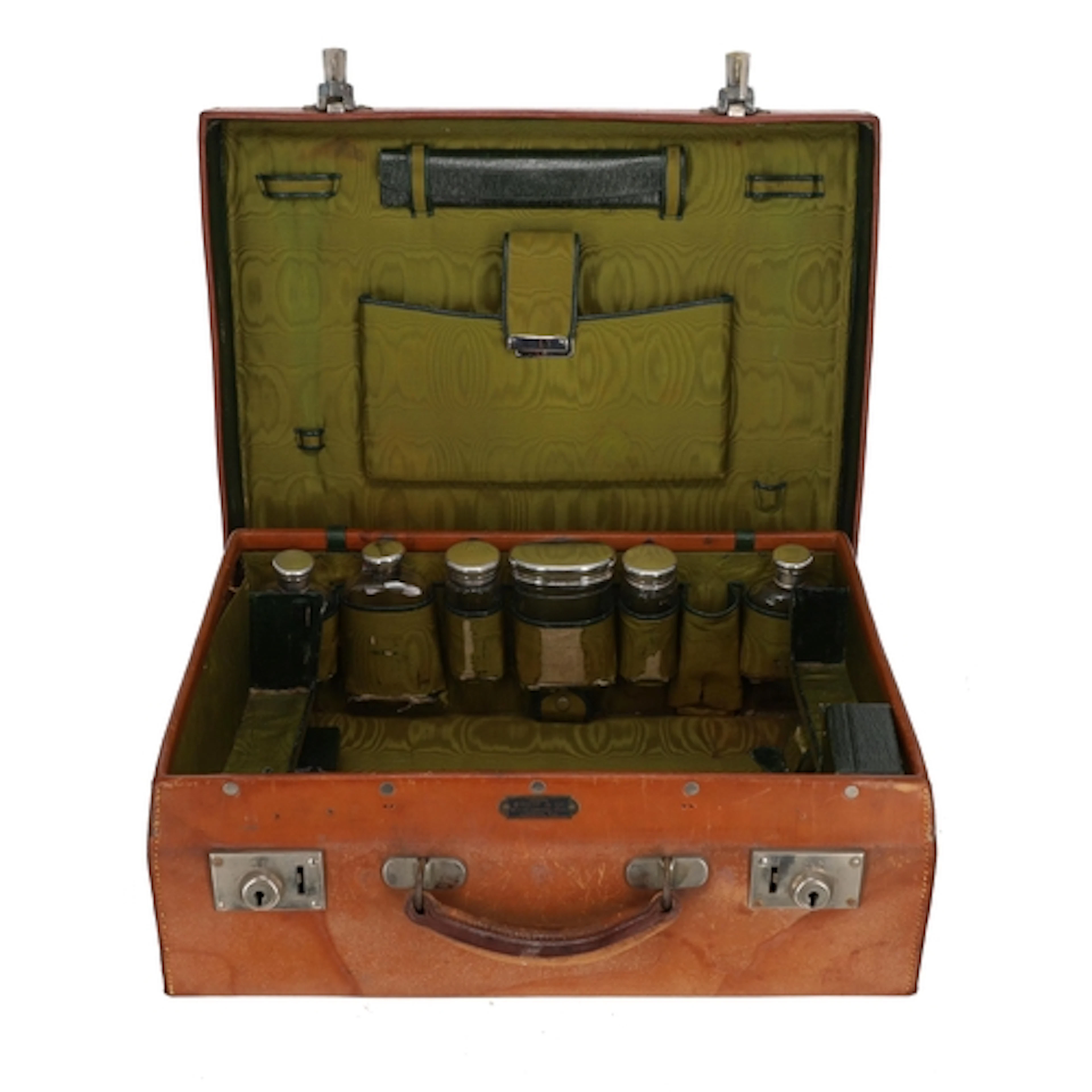 Leather dressing case, the silk lined interior with leather ...