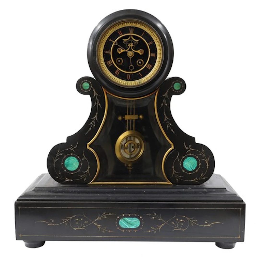 Late 19th century French black slate and malachite drumhead ...