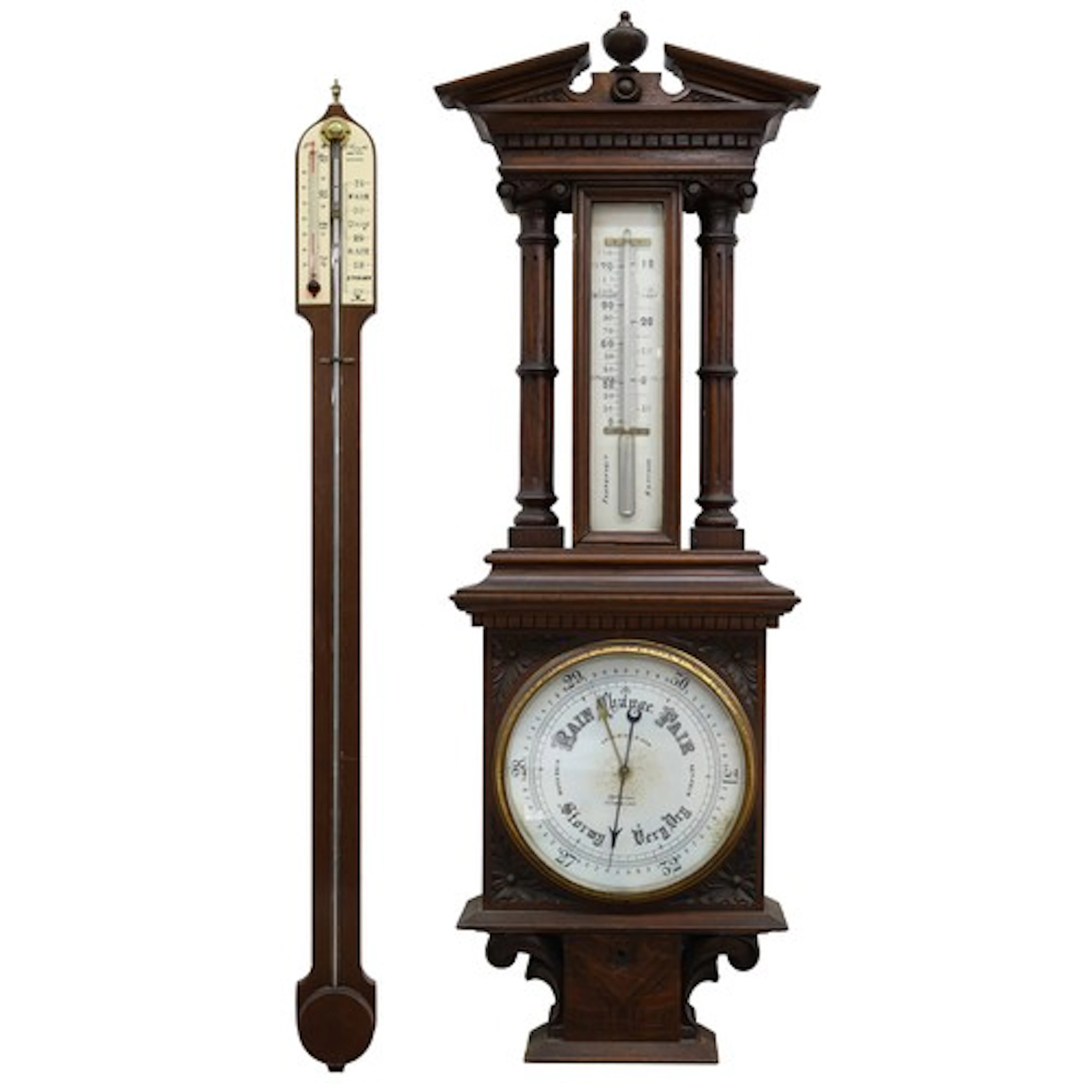 Carved oak aneroid barometer, the ornate case with broken ar...