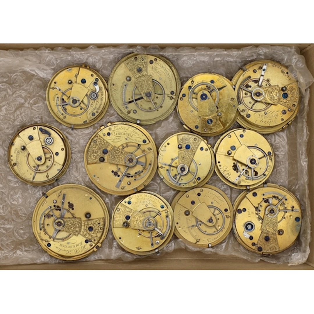 Twelve fusee lever pocket watch movements for repair, to inc...