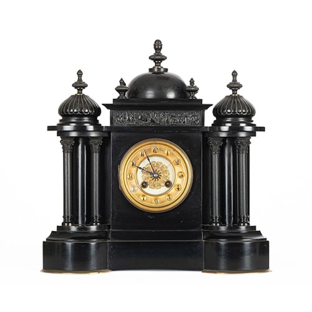 Late 19th century French black slate temple design mantel cl...