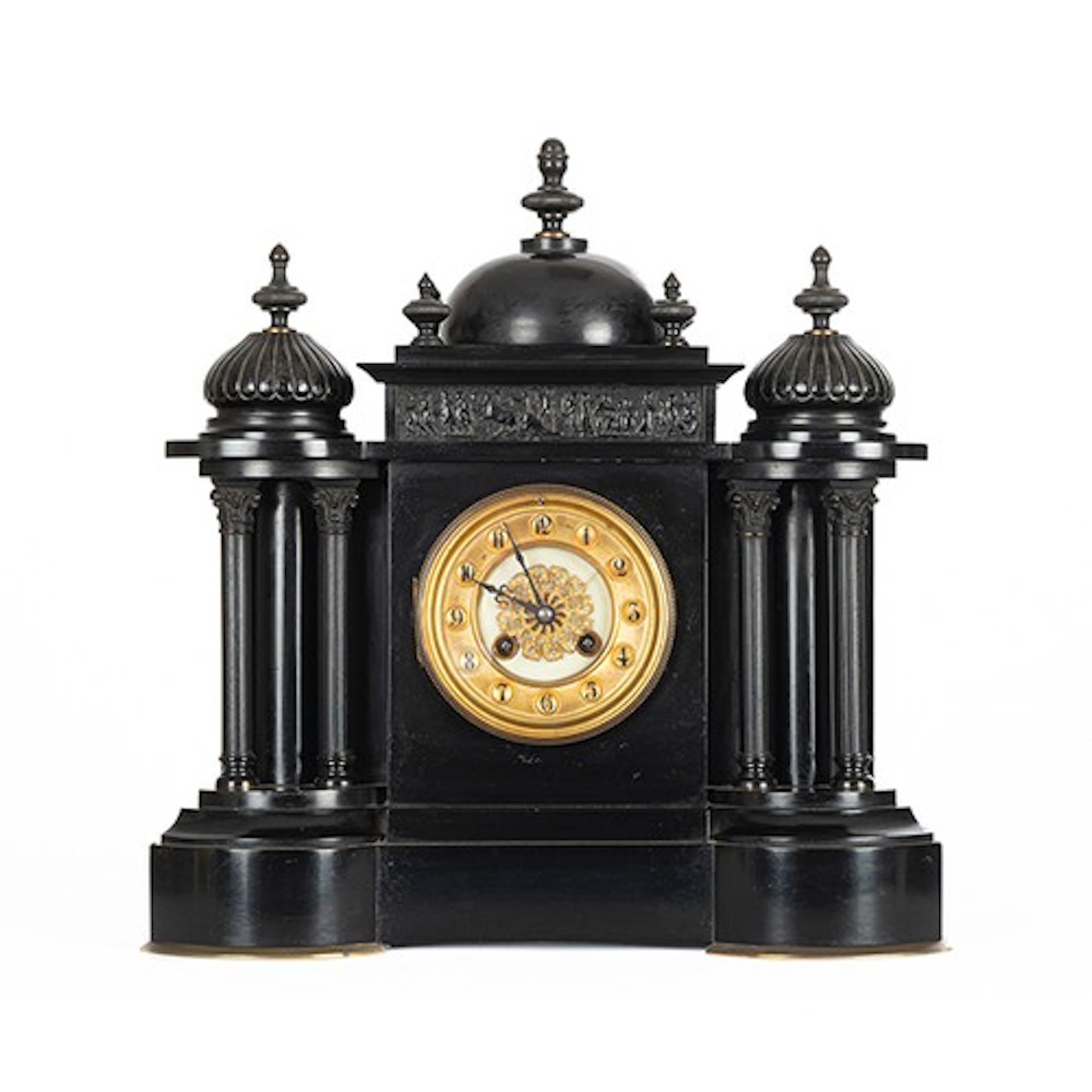 Late 19th century French black slate temple design mantel cl...
