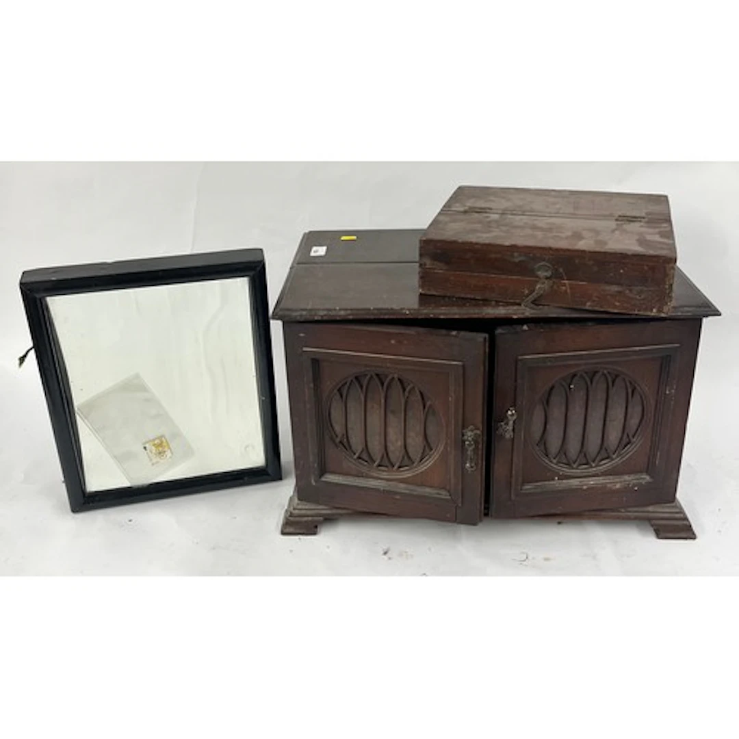 Empty early wooden radio cabinet, one concave mirror in ebon...