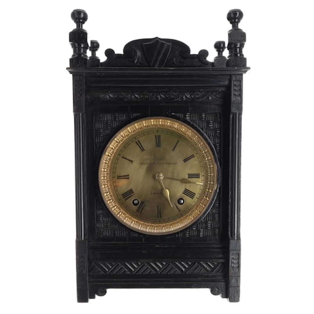 Aesthetic Movement ebonised two train mantel clock, the 5" b...