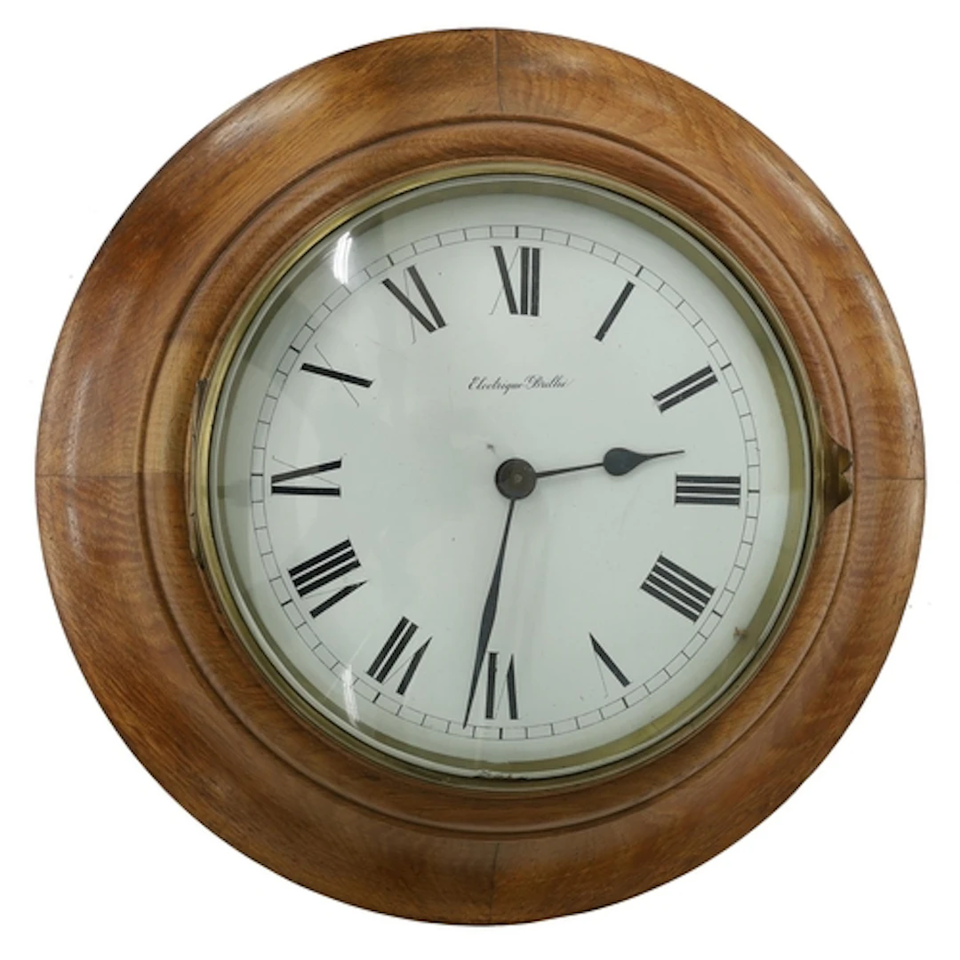 French Brillié circular oak wall slave clock, 8" white ename...