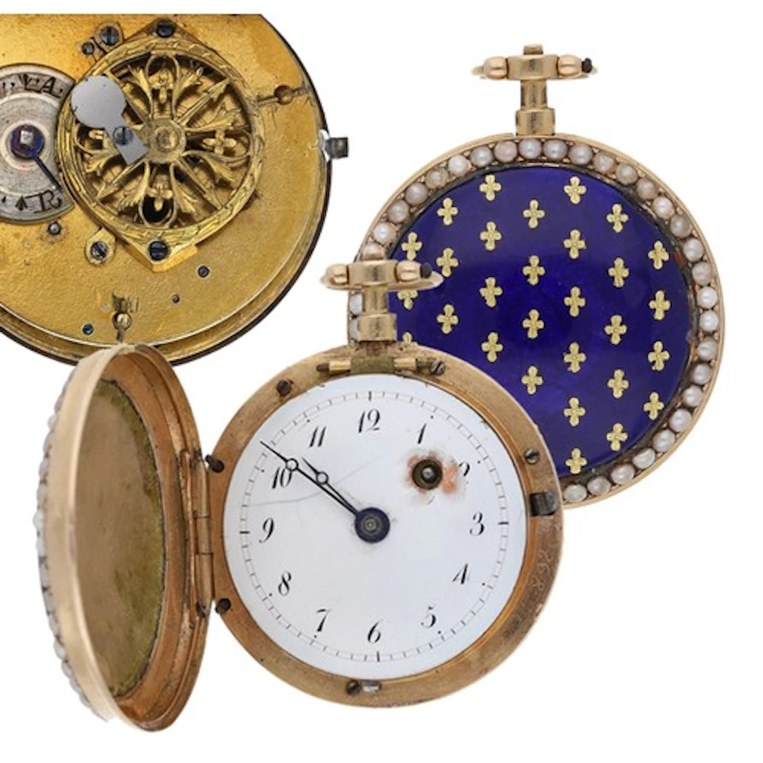Attractive gold, enamel and seed pearl verge hunter fob watc...