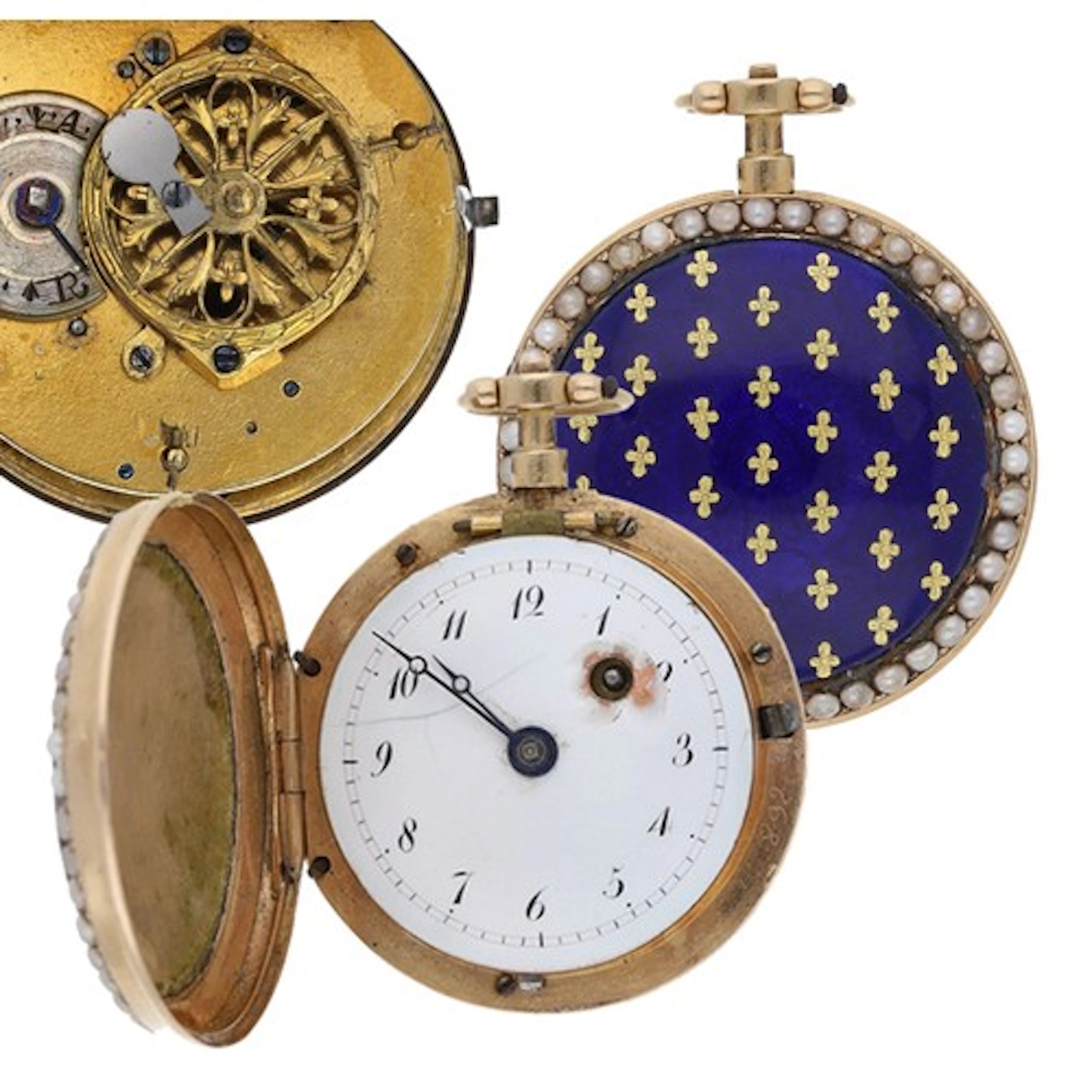 Attractive gold, enamel and seed pearl verge hunter fob watc...