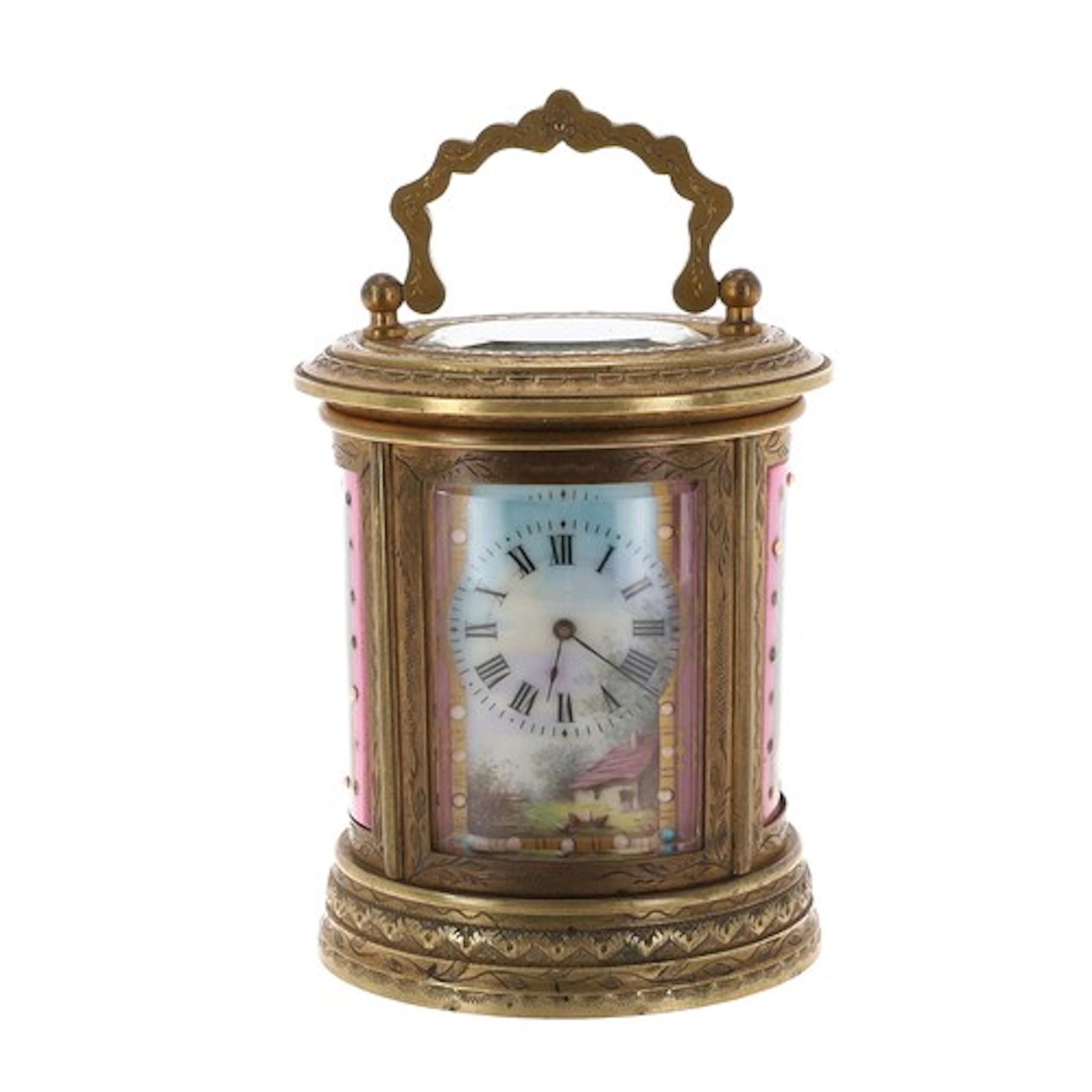 Attractive French oval miniature brass and porcelain carriag...