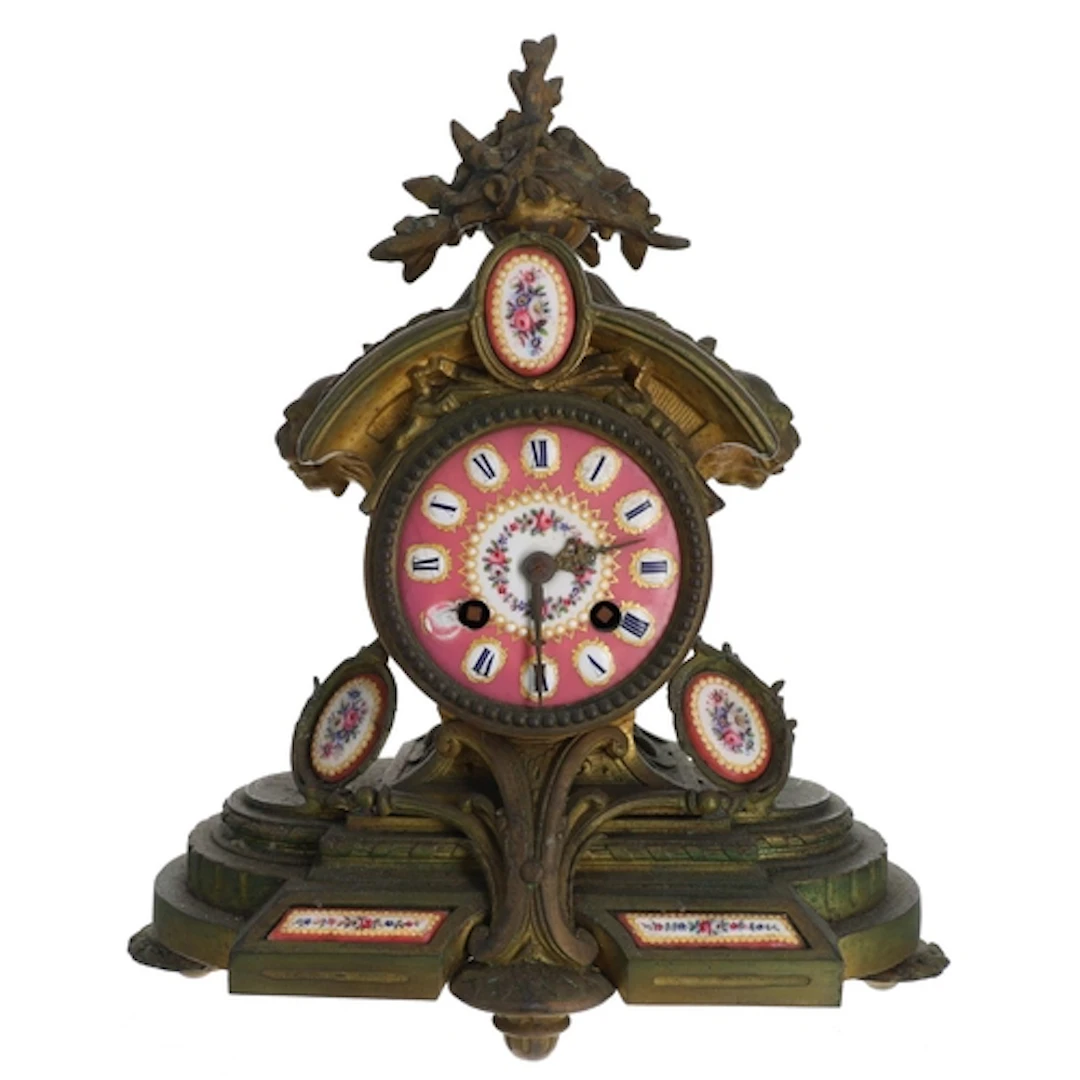 Late 19th century French gilt metal and porcelain mantel clo...