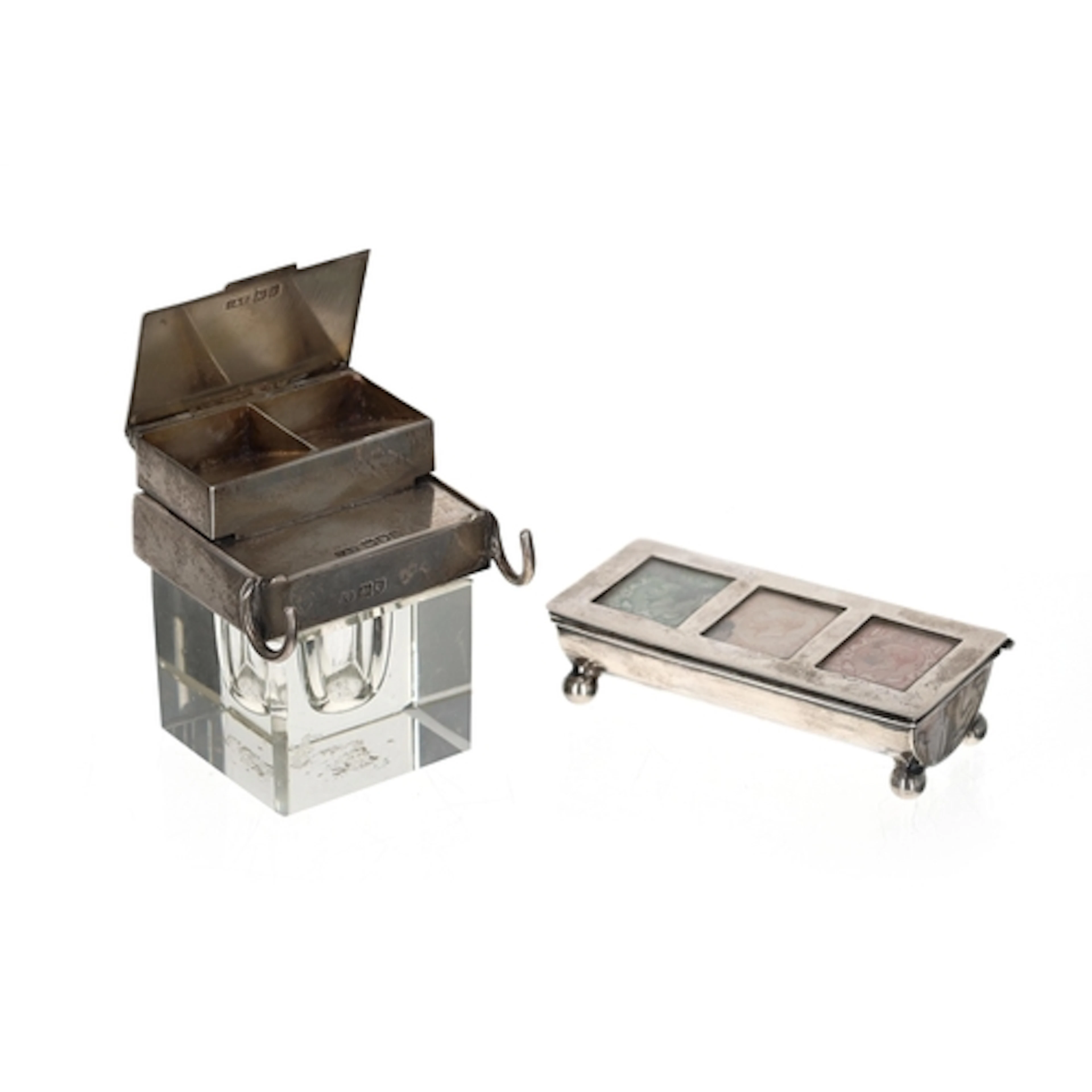 Edward VII silver three division stamp box, leather to the u...