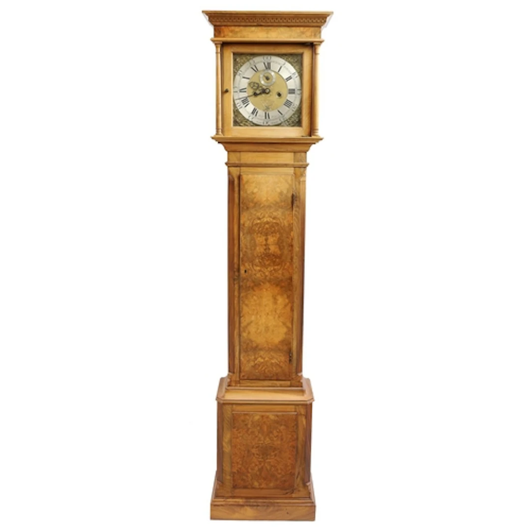 Good figured walnut eight day longcase clock with six pillar...