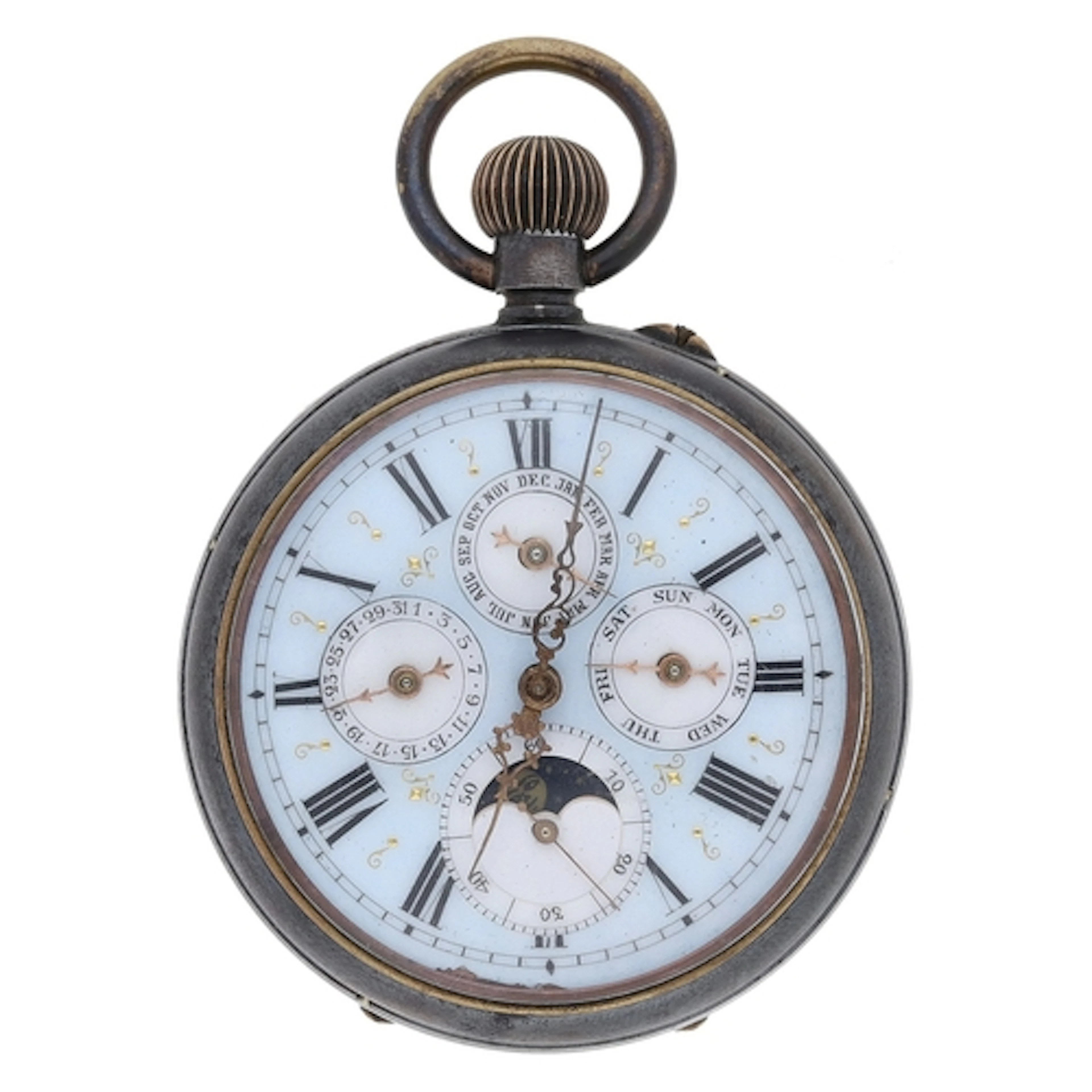 Continental gunmetal calendar cylinder pocket watch, unsigne...