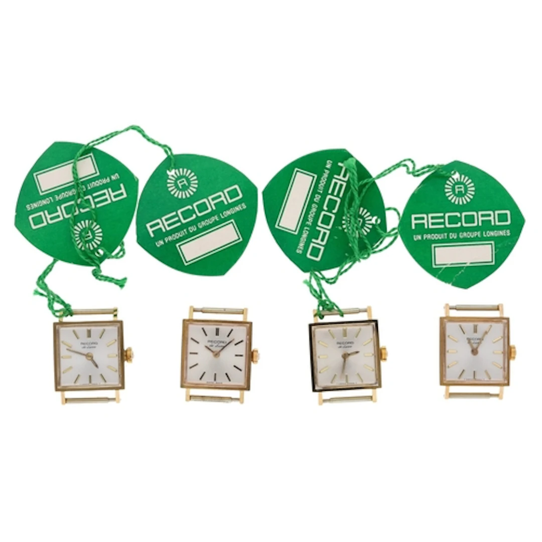 Four Record De Luxe square cased gold plated and stainless s...