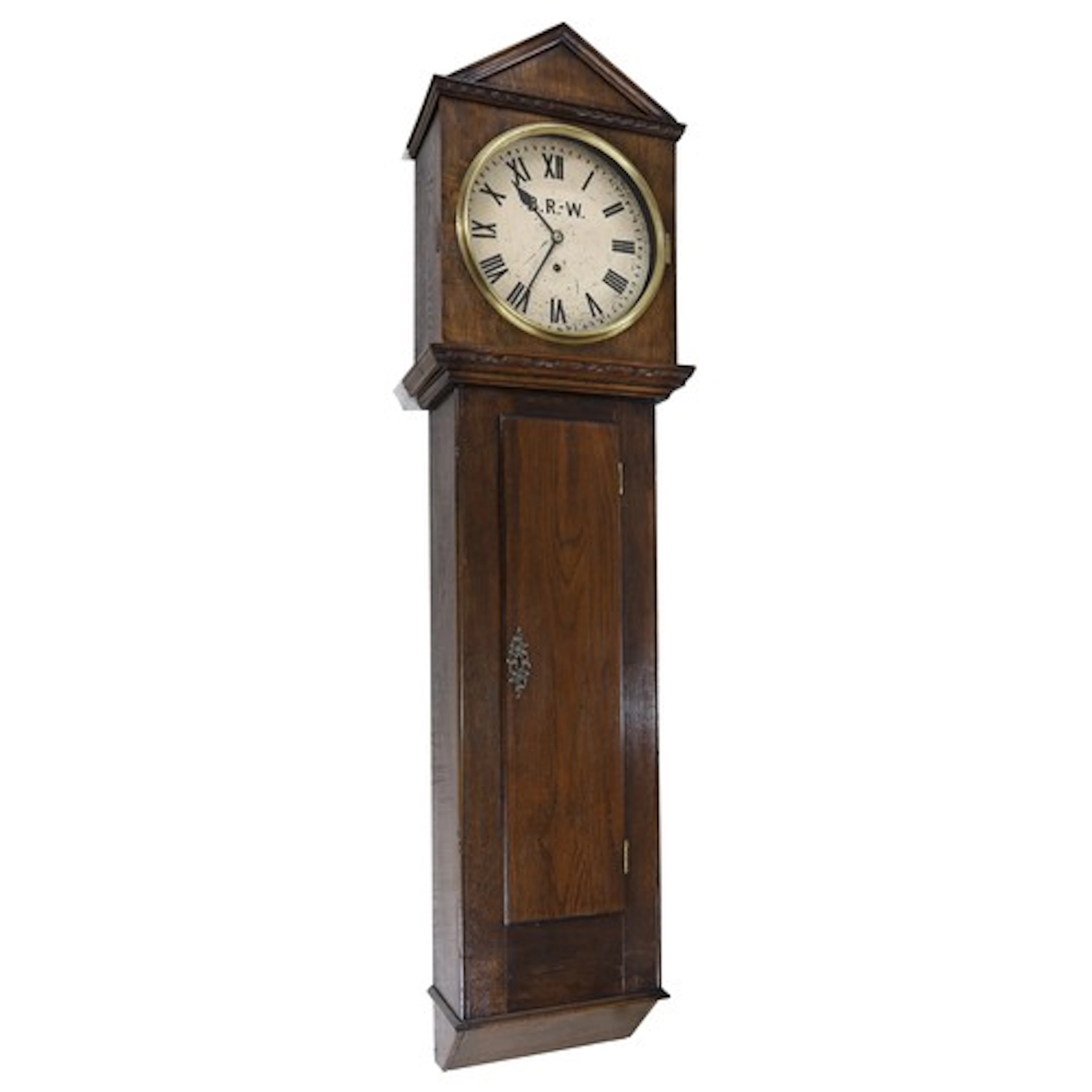 Large oak single train trunk wall clock, 12" circular painte...