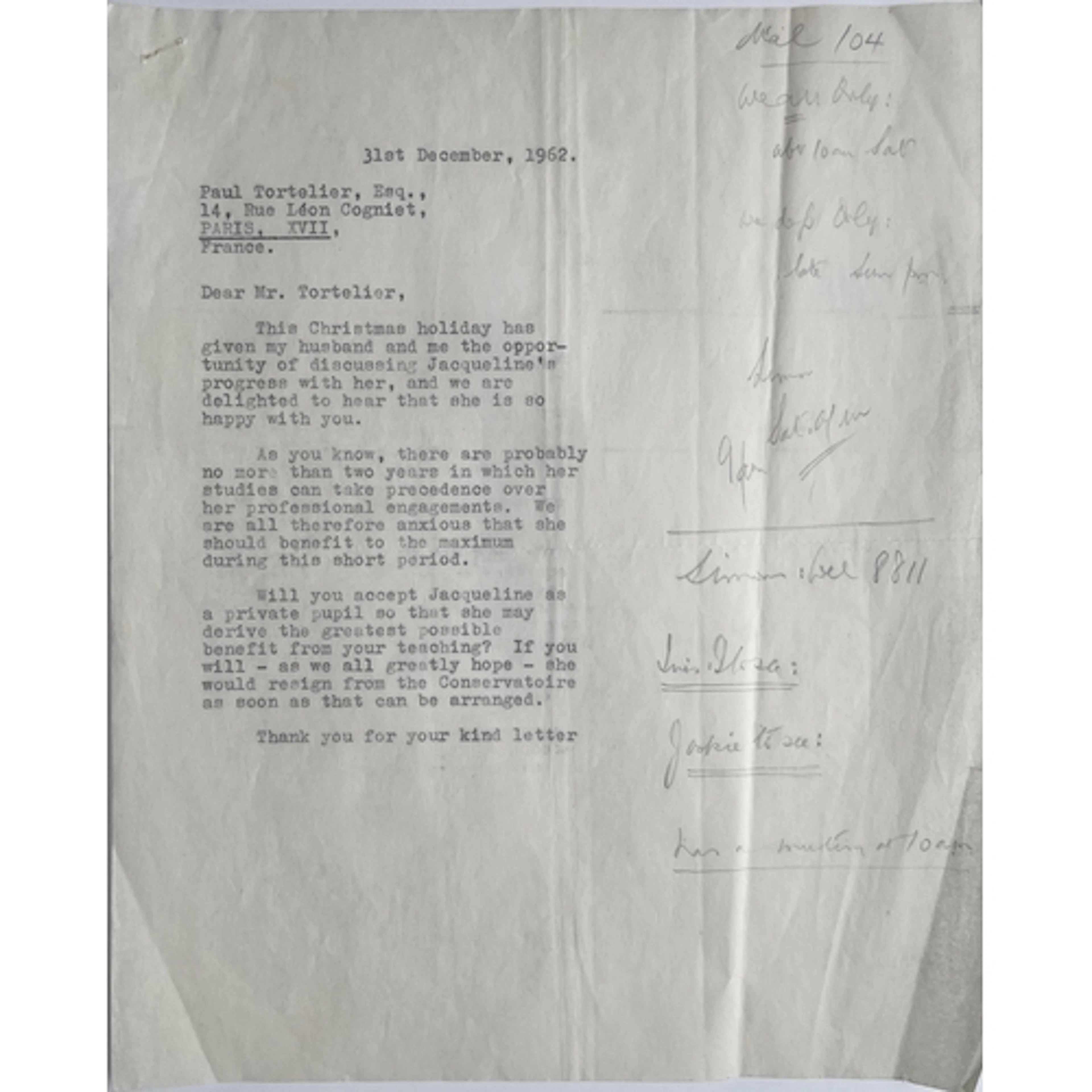 Jacqueline du Pré interest - a typed letter to Madame du Pré...