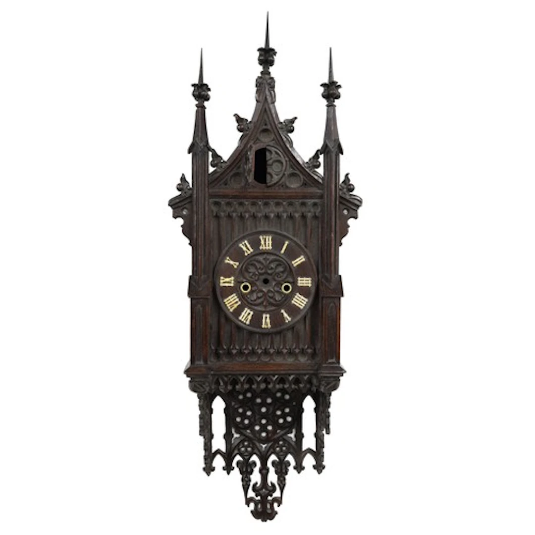 German Black Forest 19th century carved oak cuckoo mantel cl...