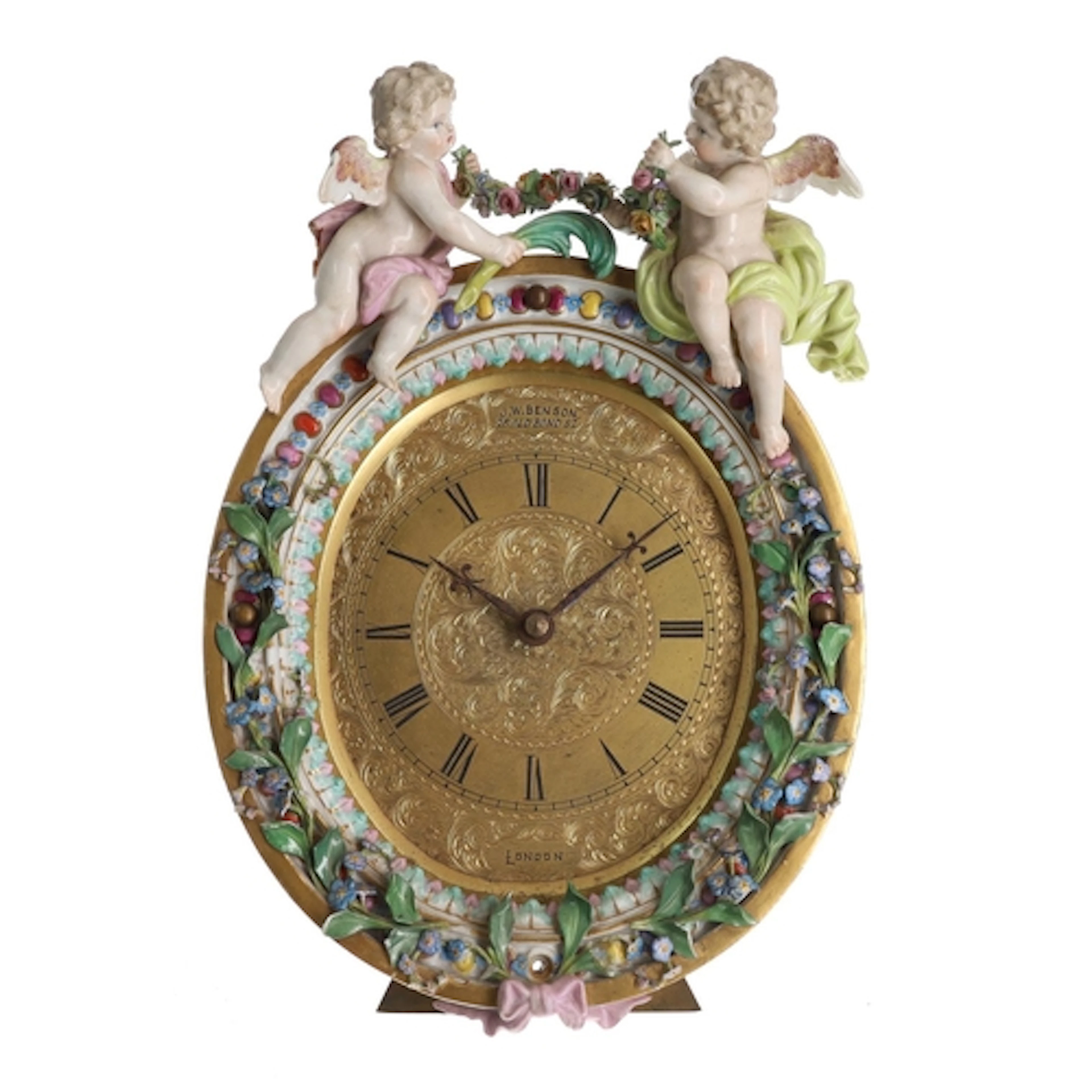 Late 19th century Meissen strut mantel clock, the oval gilt ...