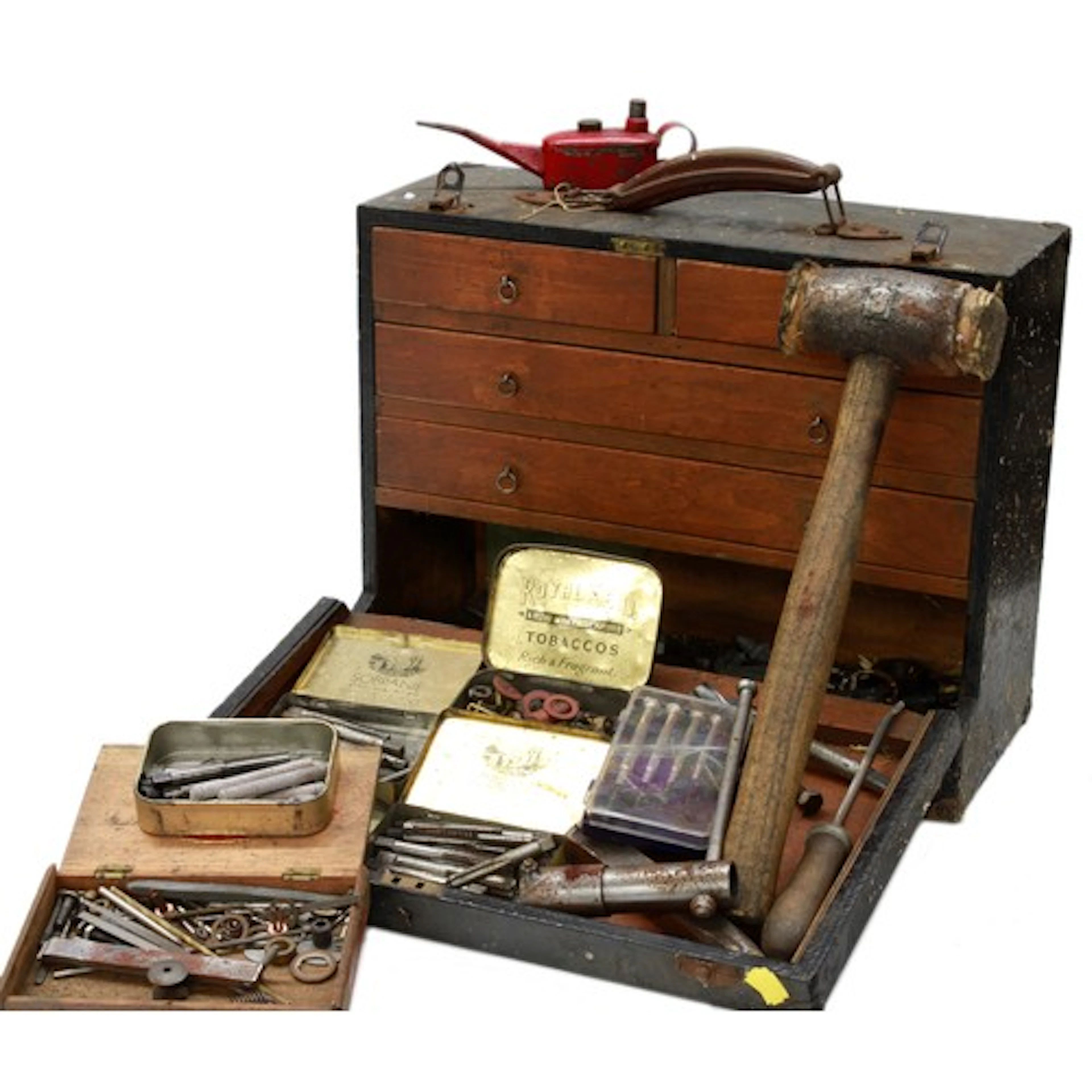 Black painted watch/clock makers carry tool wooden chest, th...