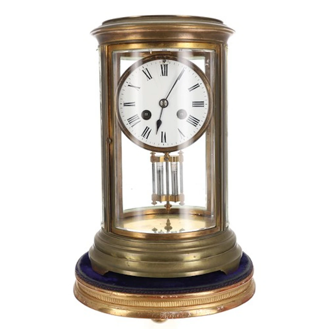 French oval bevelled brass four glass mantel clock, 3.5" whi...