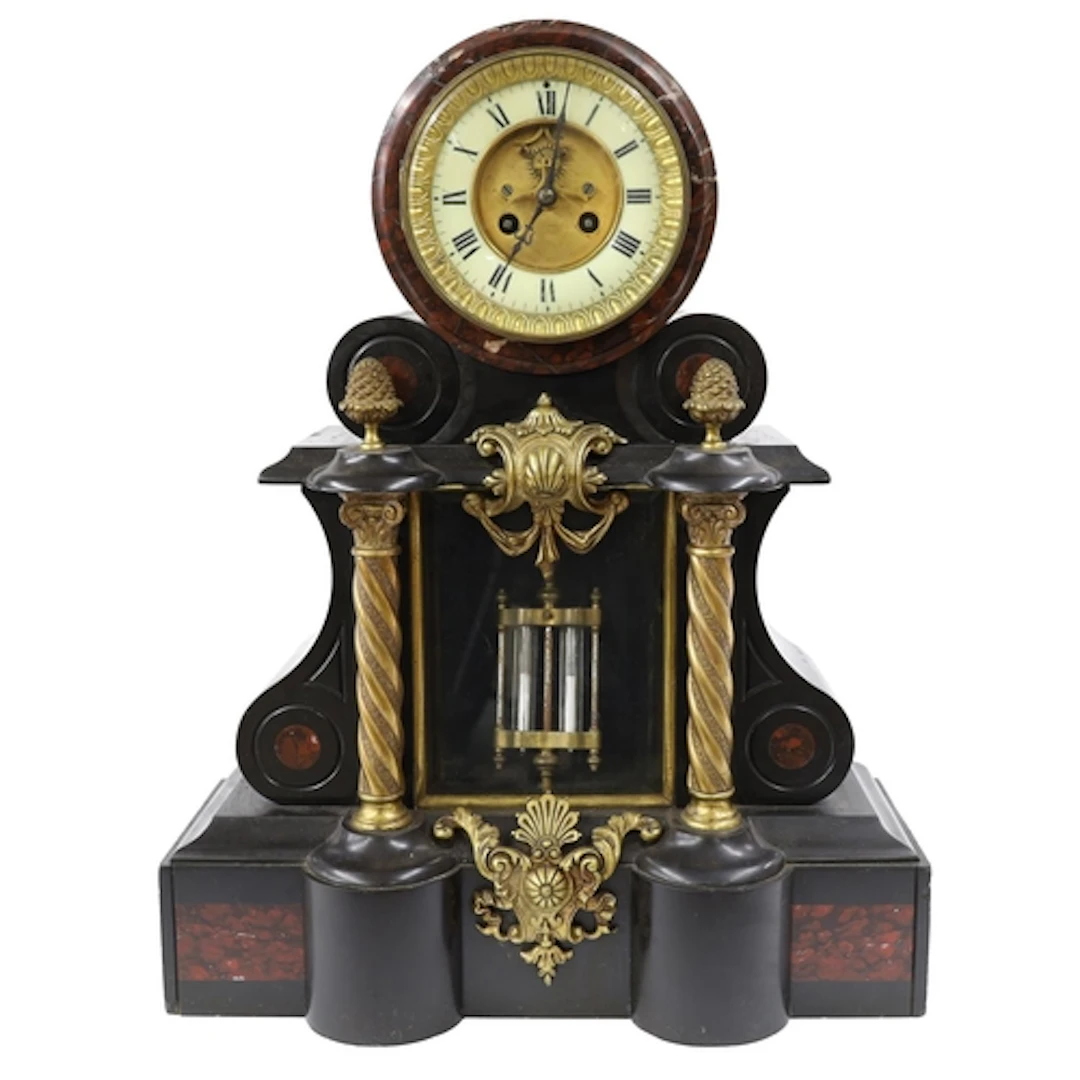 Large 19th centruy French black slate, rouge marble and gilt...