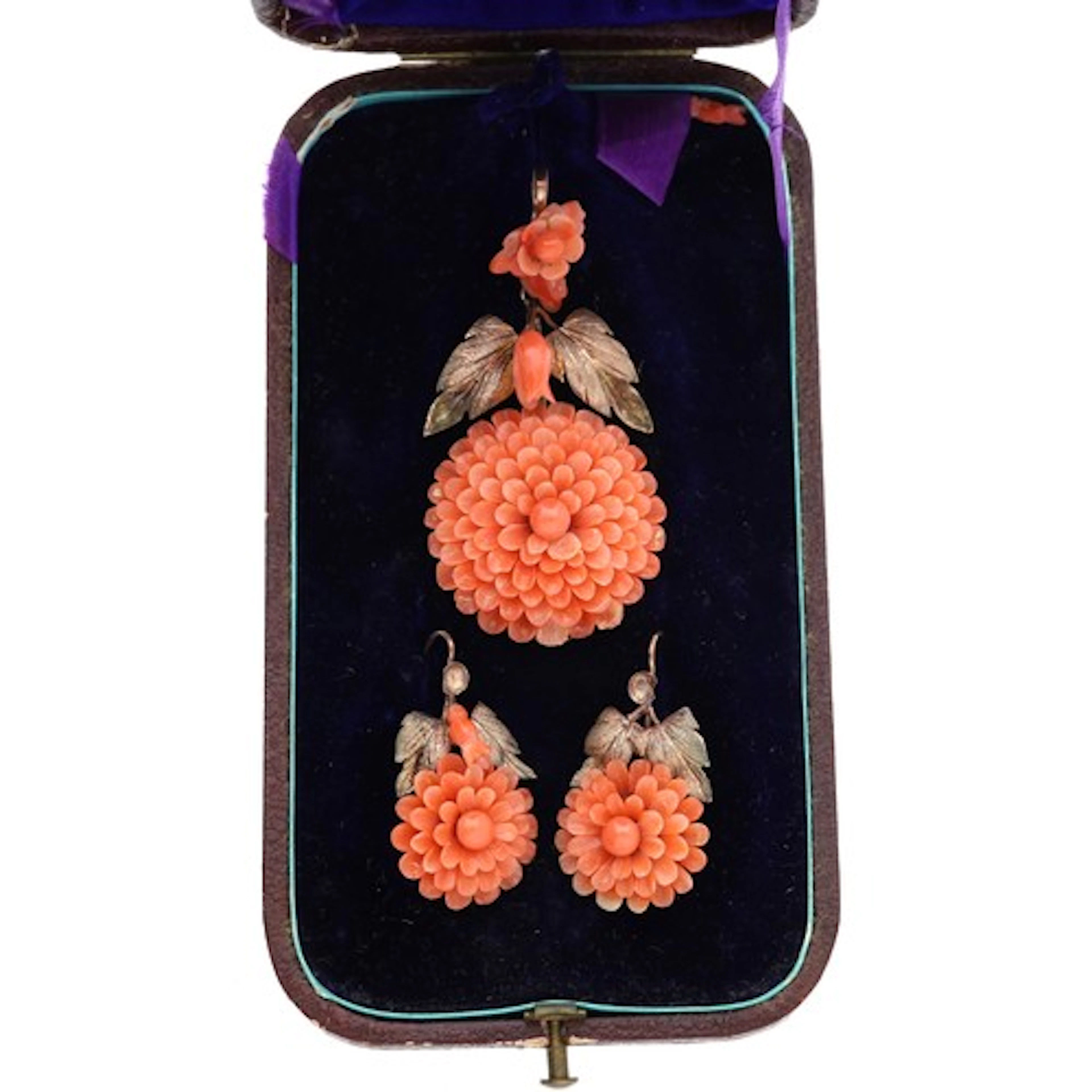 Victorian carved pink coral floral design jewellery suite, c...