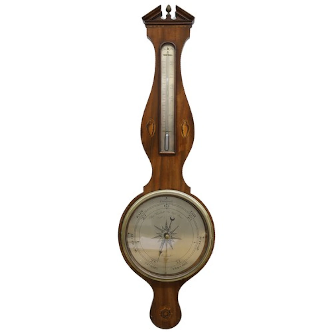 19th century shell inlaid mahogany wheel barometer, mounted ...