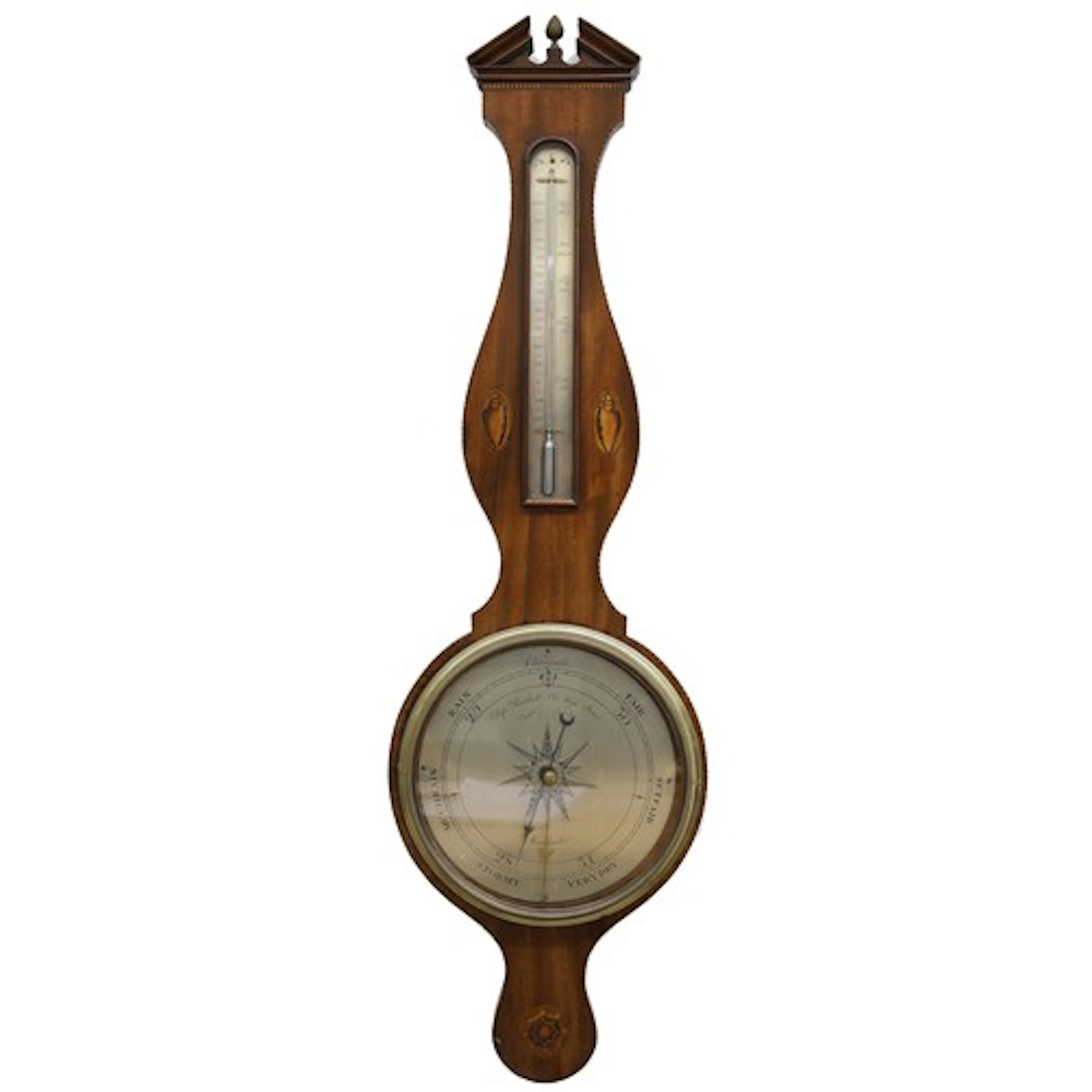 19th century shell inlaid mahogany wheel barometer, mounted ...