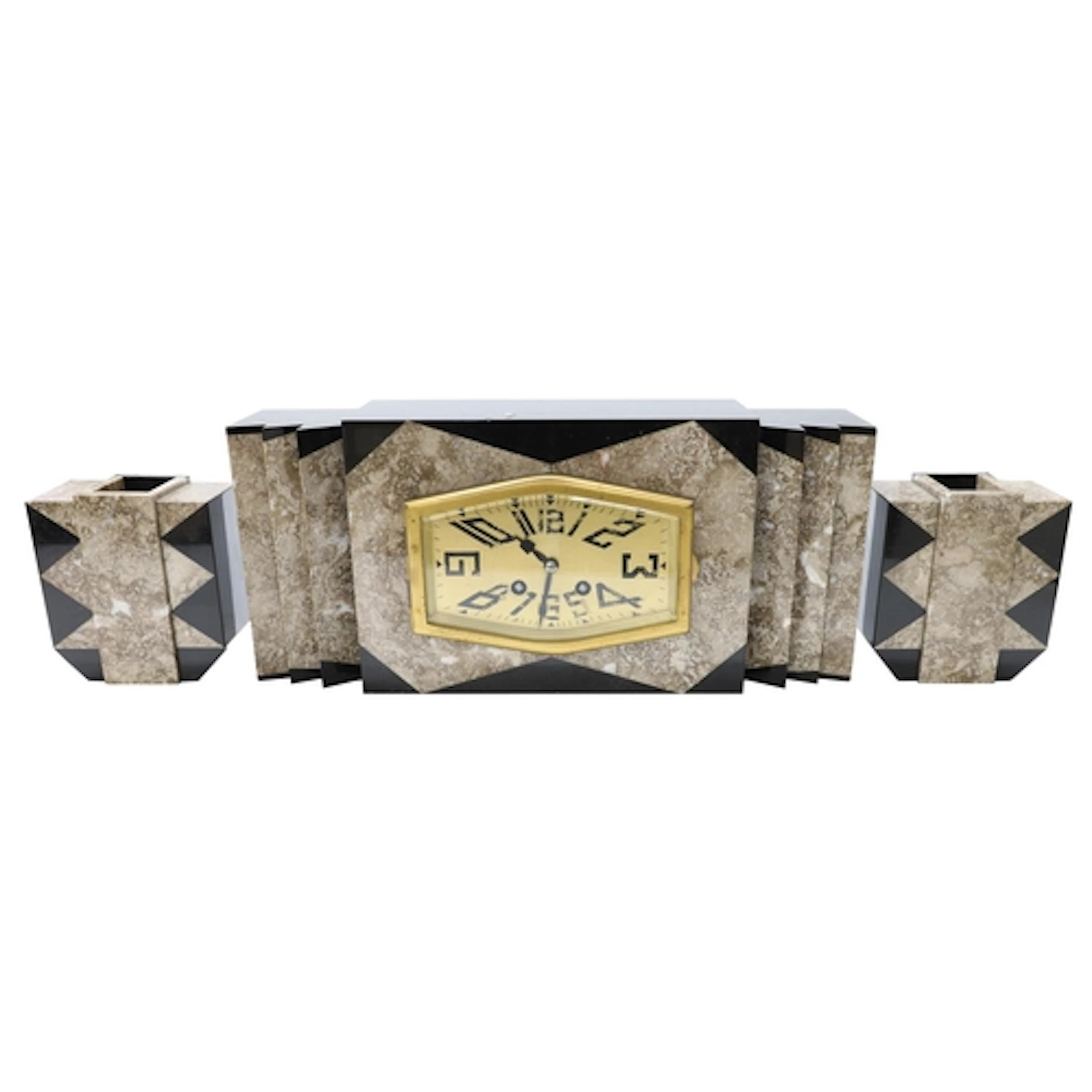 French Art Deco marble mantel clock garniture, the gilded di...