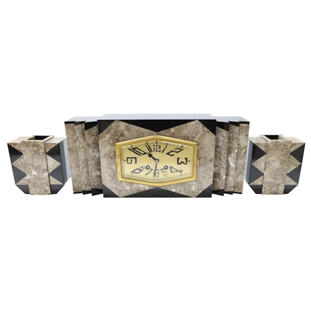French Art Deco marble mantel clock garniture, the gilded di...