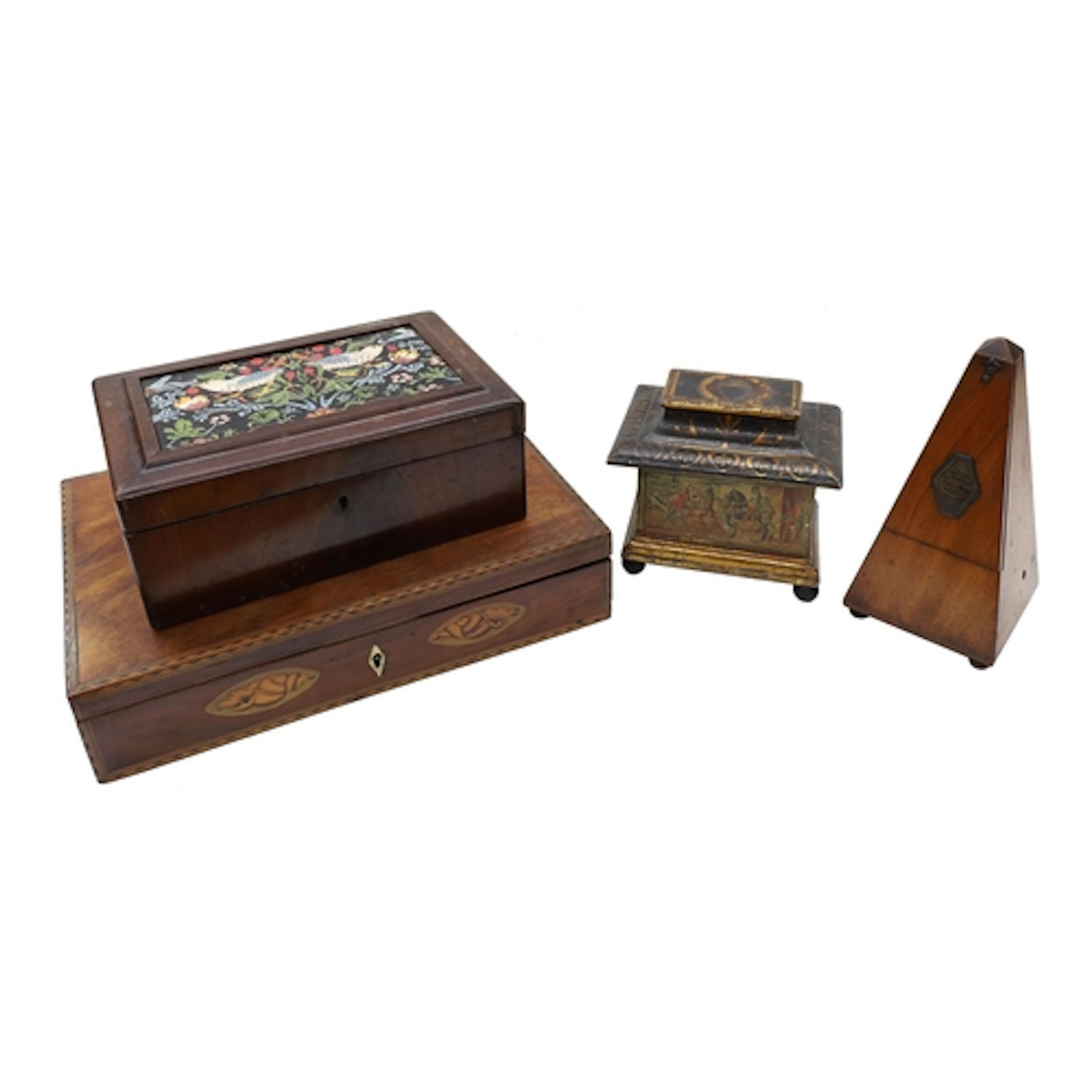 Walnut sewing box, the hinged cover with inlaid dog with gam...