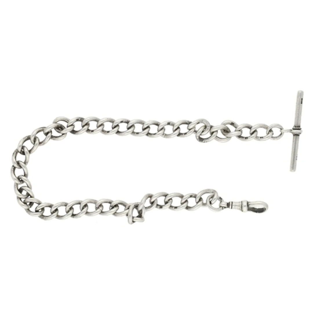 Silver open link watch chain, with silver T-bar and clasp, 1...