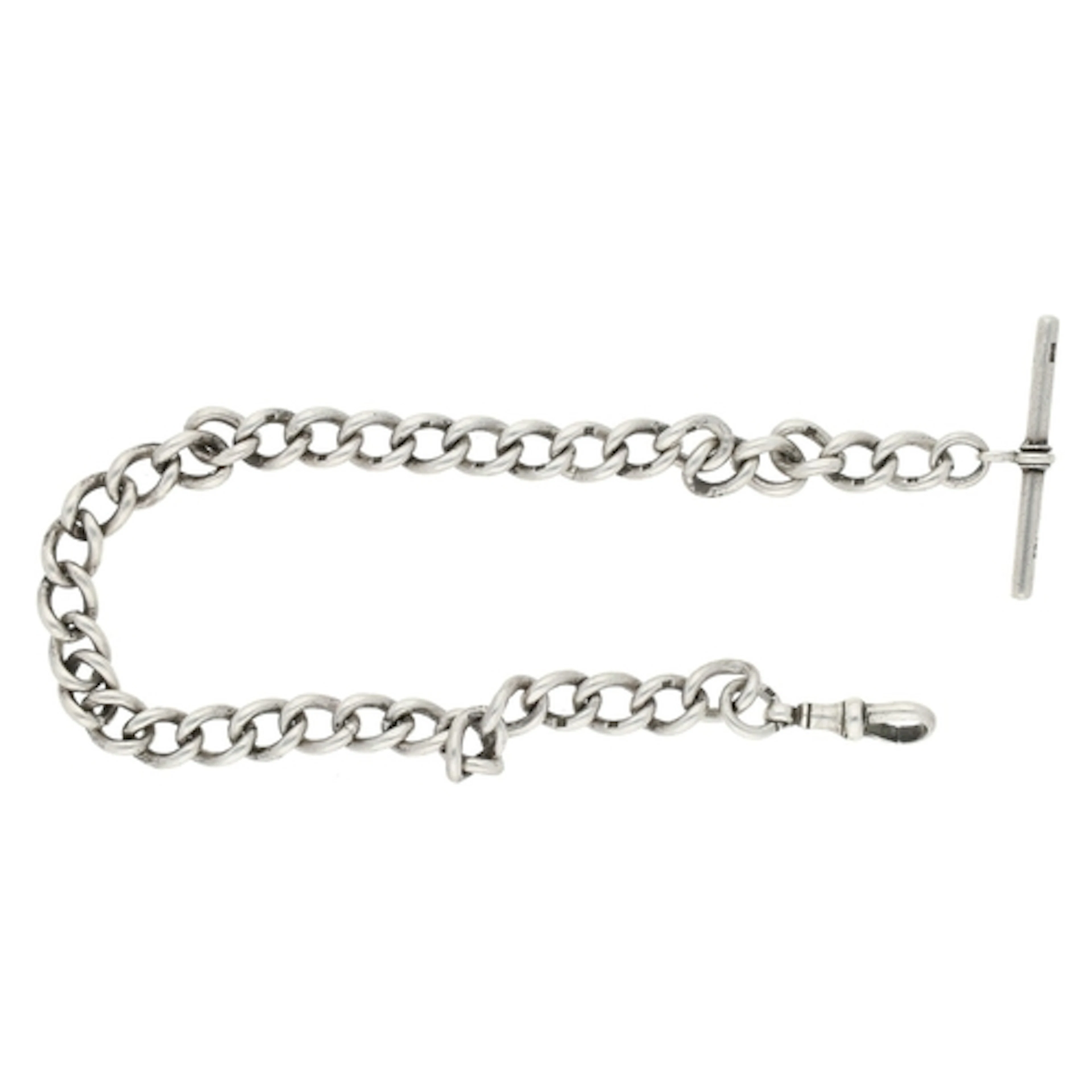 Silver open link watch chain, with silver T-bar and clasp, 1...