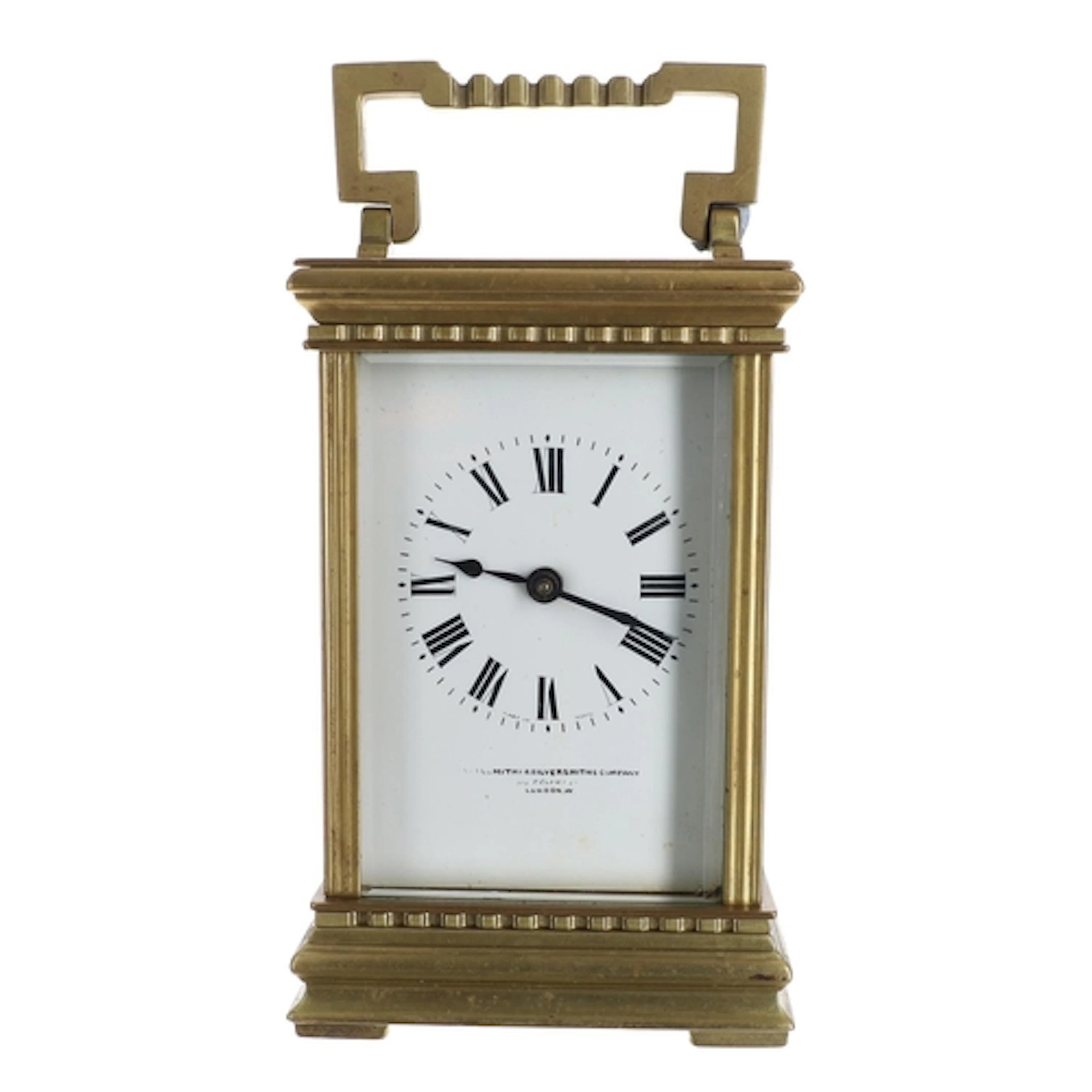 French brass carriage clock timepiece, the enamel Roman nume...