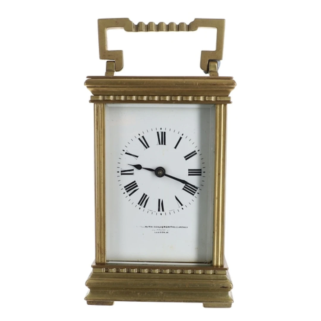 French brass carriage clock timepiece, the enamel Roman nume...