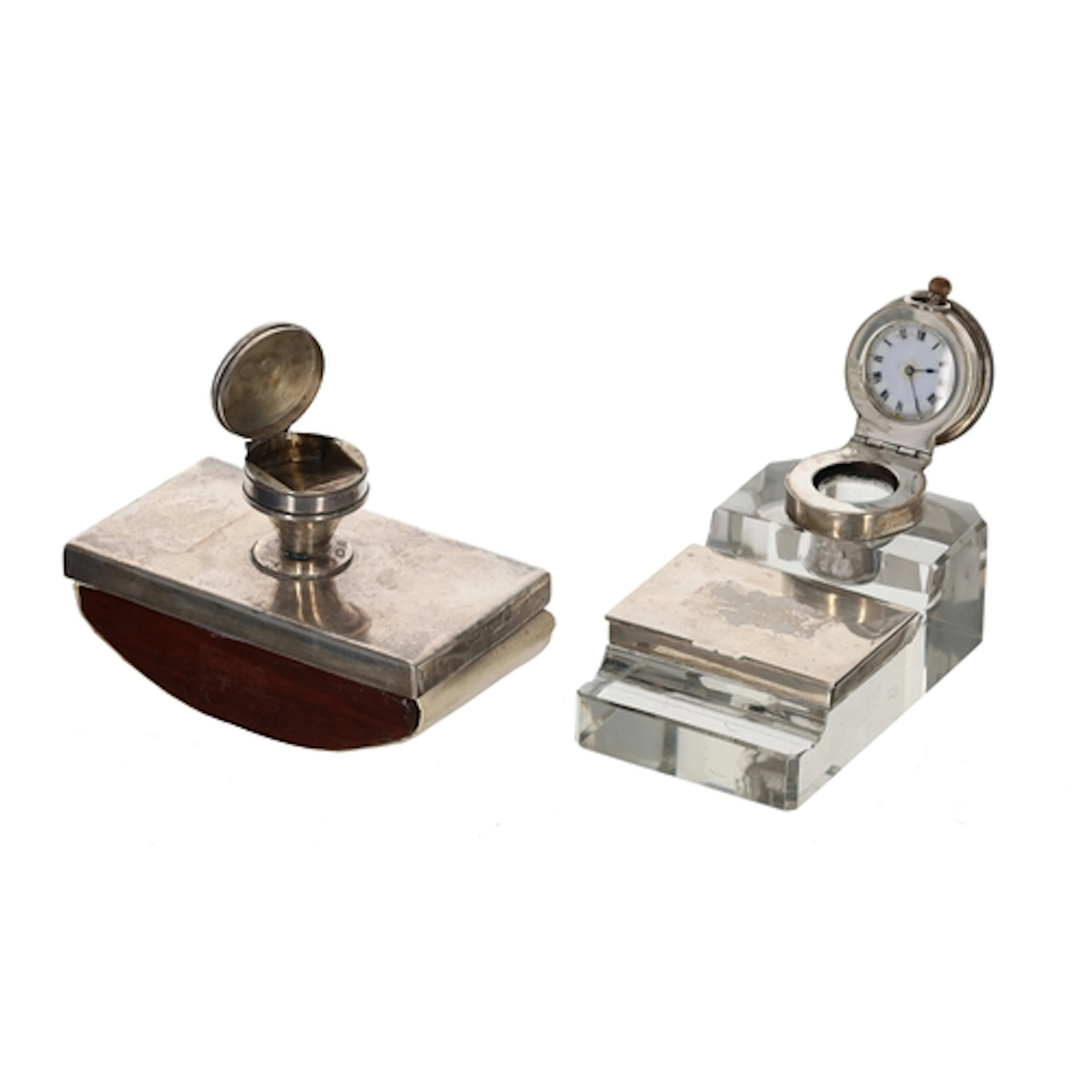 Edward VII silver and glass inkwell and stamp case, the circ...