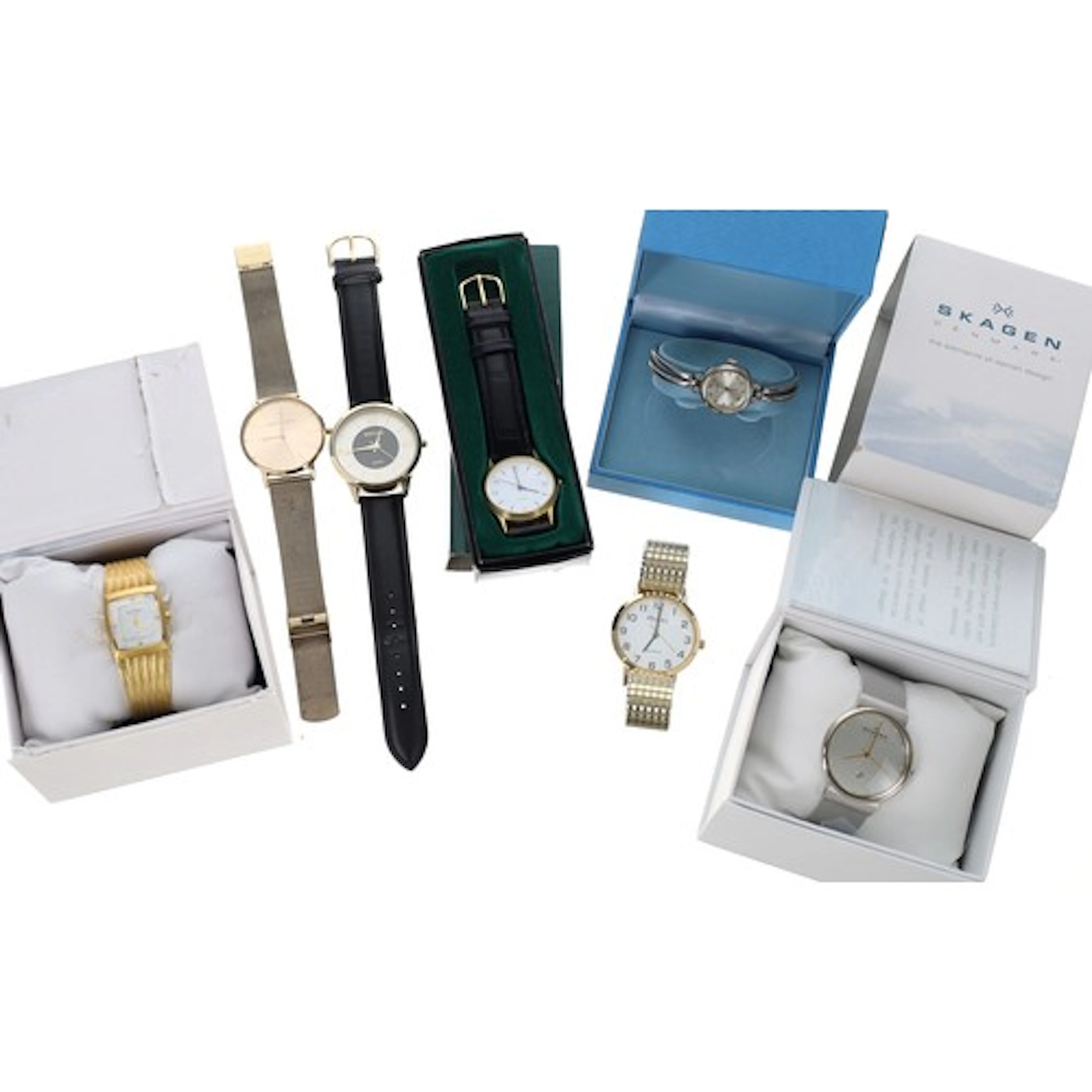 Two Skagen wristwatches, quartz, with boxes; together with a...