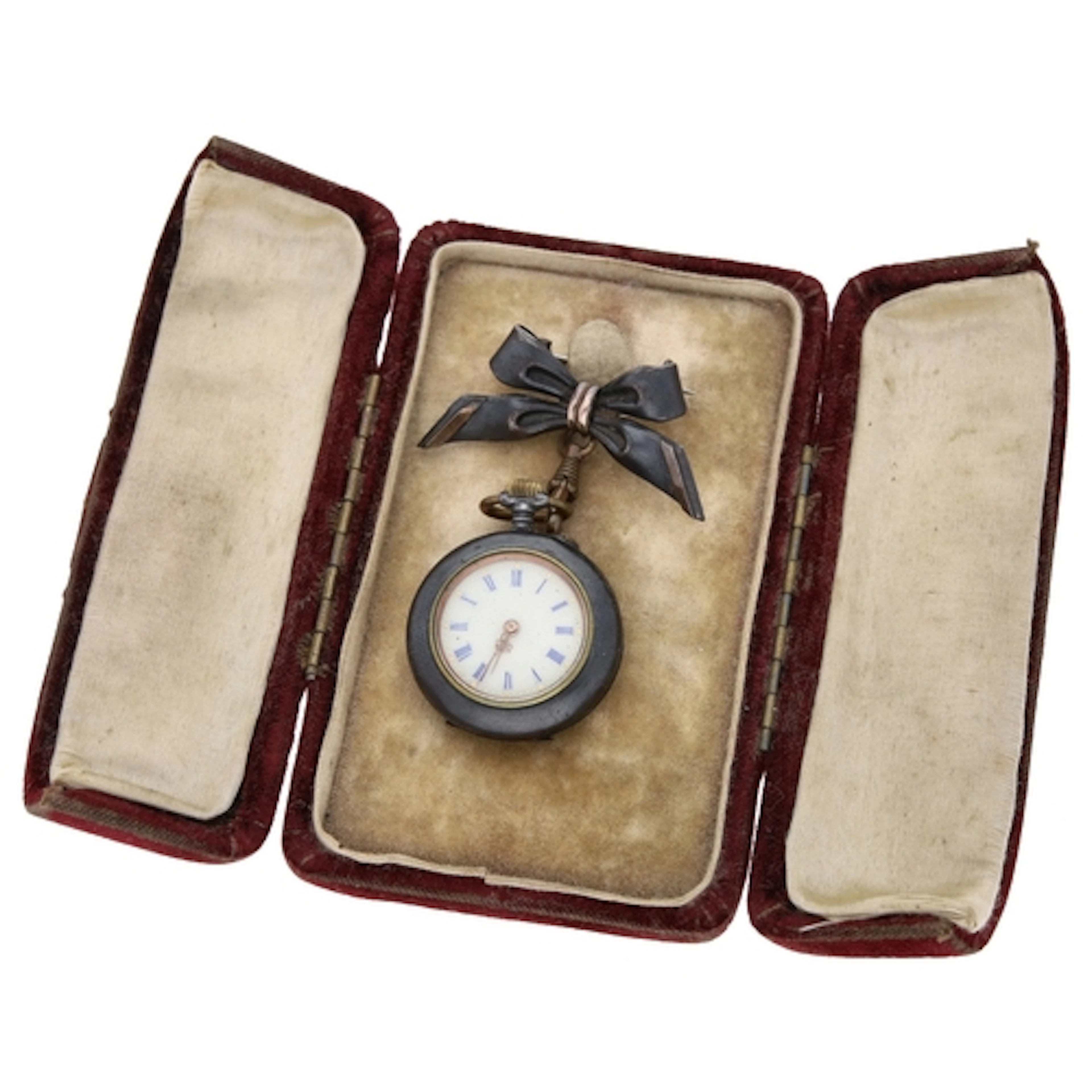 Gunmetal cylinder fob watch, 28mm; with bow brooch attachmen...