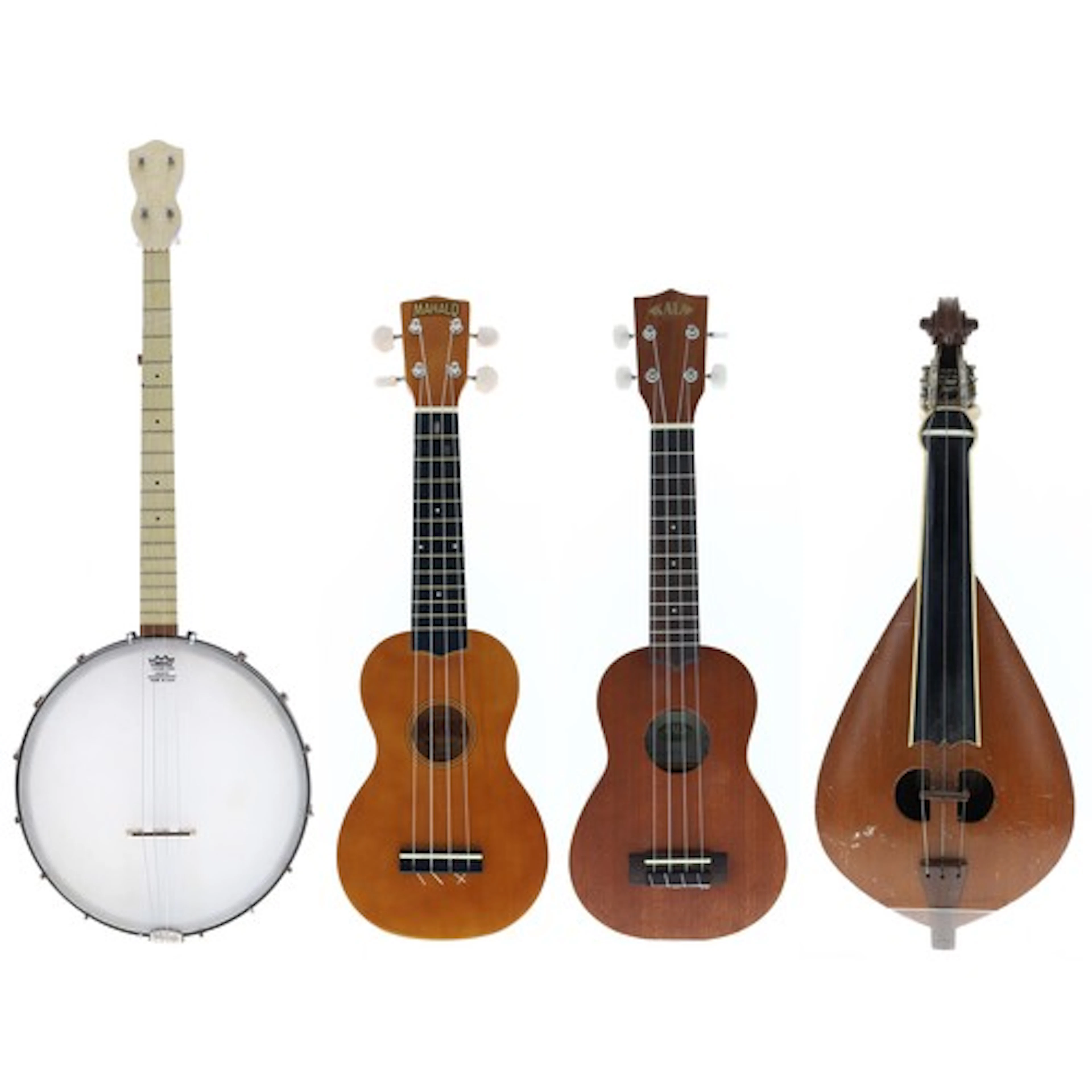Two modern ukuleles labelled Kala model no. KA-S and Mahalo ...