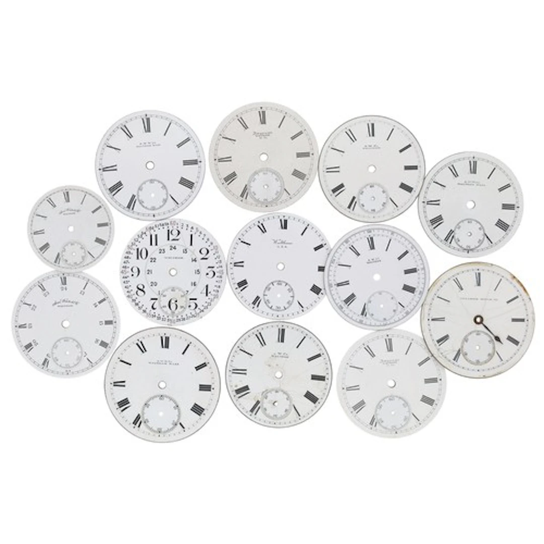 Quantity of American Waltham enamel pocket watch dials; also...